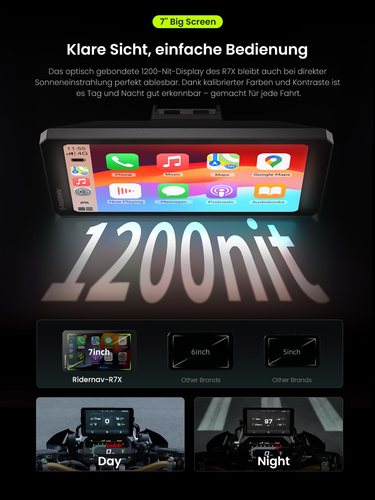 R7X Kabelloses Motorrad-Display für Apple CarPlay & Android Auto, Quick-Release-Halterung, 7" 1200 Nits 60fps Display, IP69K Wasserdicht, Action-Kamera-Steuerung, Universelle Passform