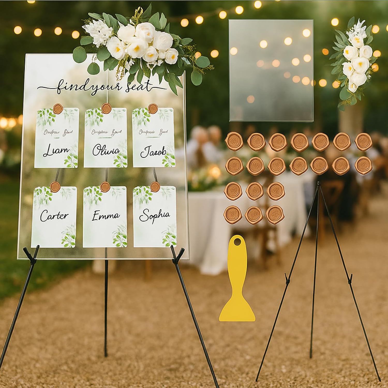 A beautiful acrylic wedding seating chart sign on a wooden easel.