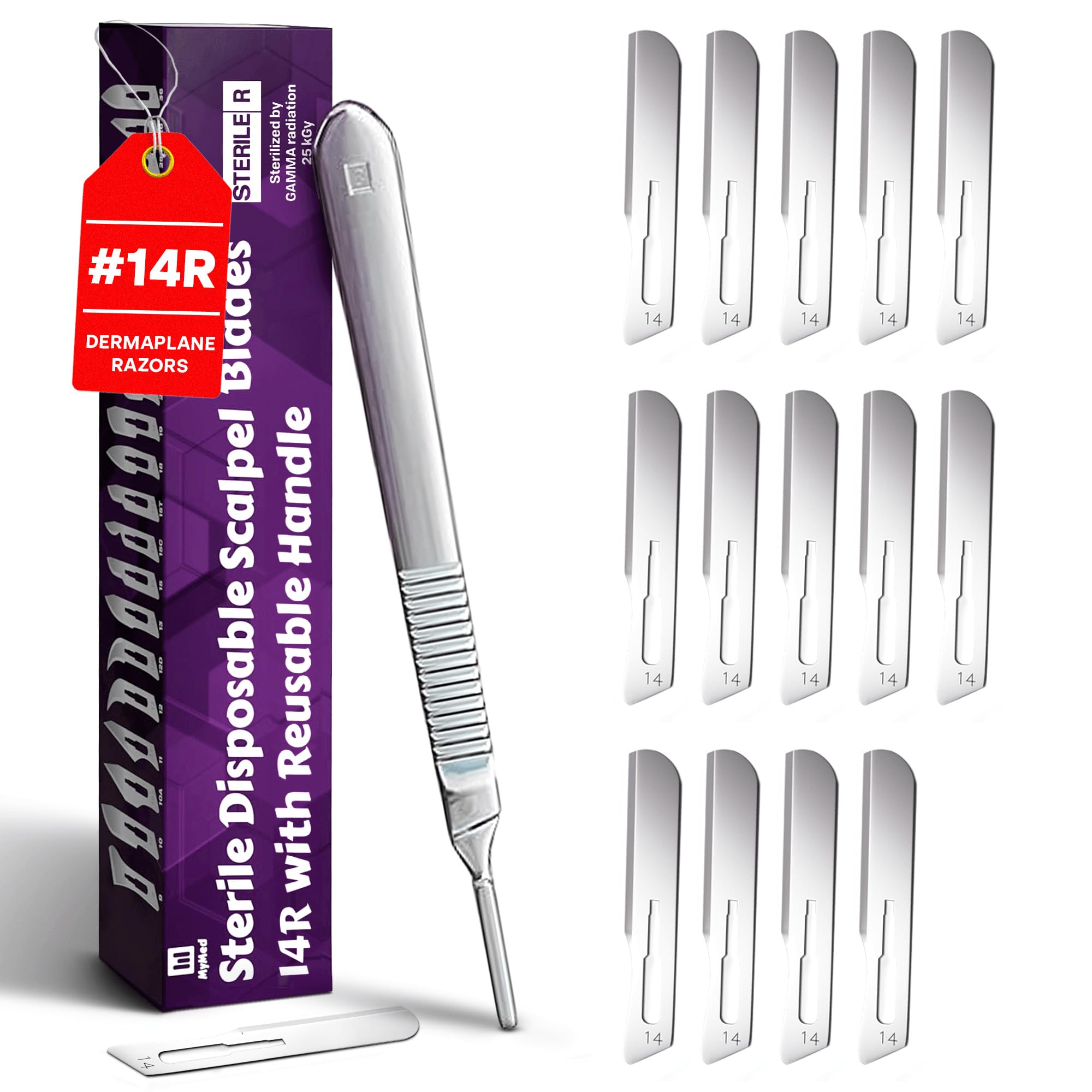 MyMed 14R Blades Dermaplaning Scalpels with Dermaplane Handle - Pack of 15 Dermaplane Razor for Women Face Dermaplane