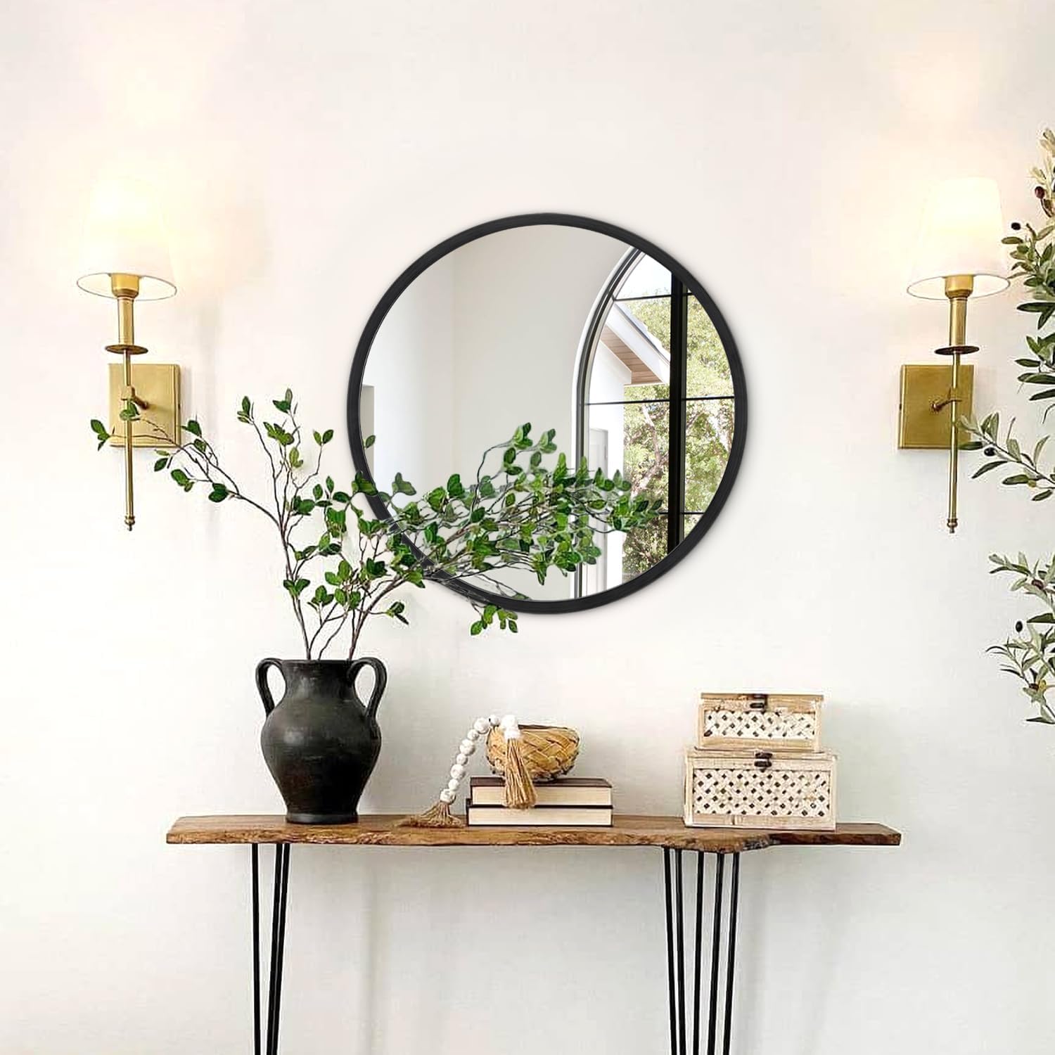 JJUYOU Black Round Framed Mirror - 16" Circle Wall Mirror for Bathroom, Bedroom & Living Room - Modern Aluminum Alloy Metal Frame