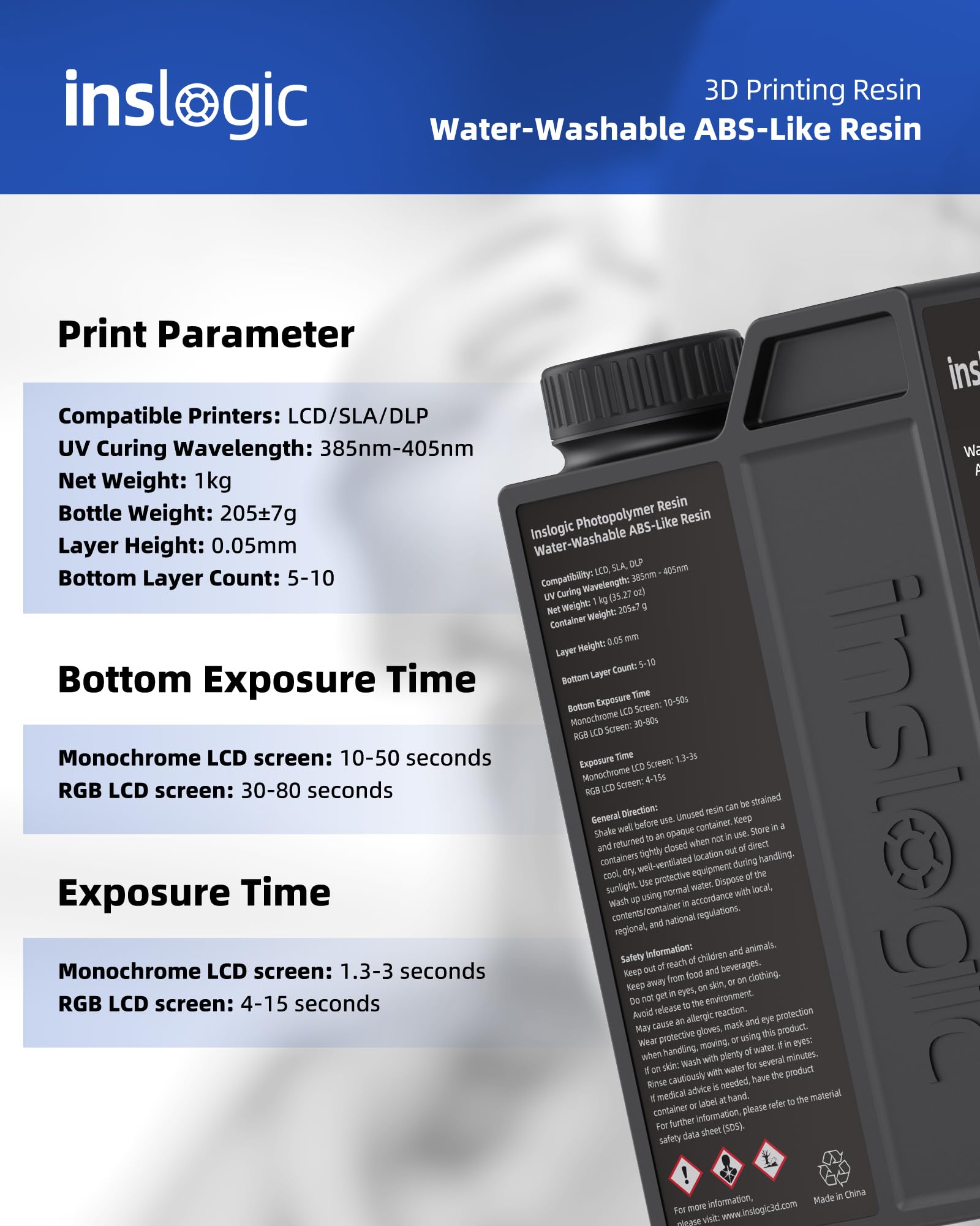 Inslogic Wasser Waschbares ABS-Like Resin, 3D Drucker Harz Wasserlöslich, Nicht spröde, Hohe Präzision 405 nm UV-härtendes Harz für LCD-DLP-SLA-3D-Drucker, 1kg Dunkelgrau