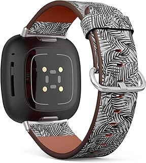 CJBROES Replacement Leather Watch Band, Compatible with Fitbit Versa 3 and Fitbit Sense of Wristband Bracelet Accessory - Watercolor Tropical Palm Leaves