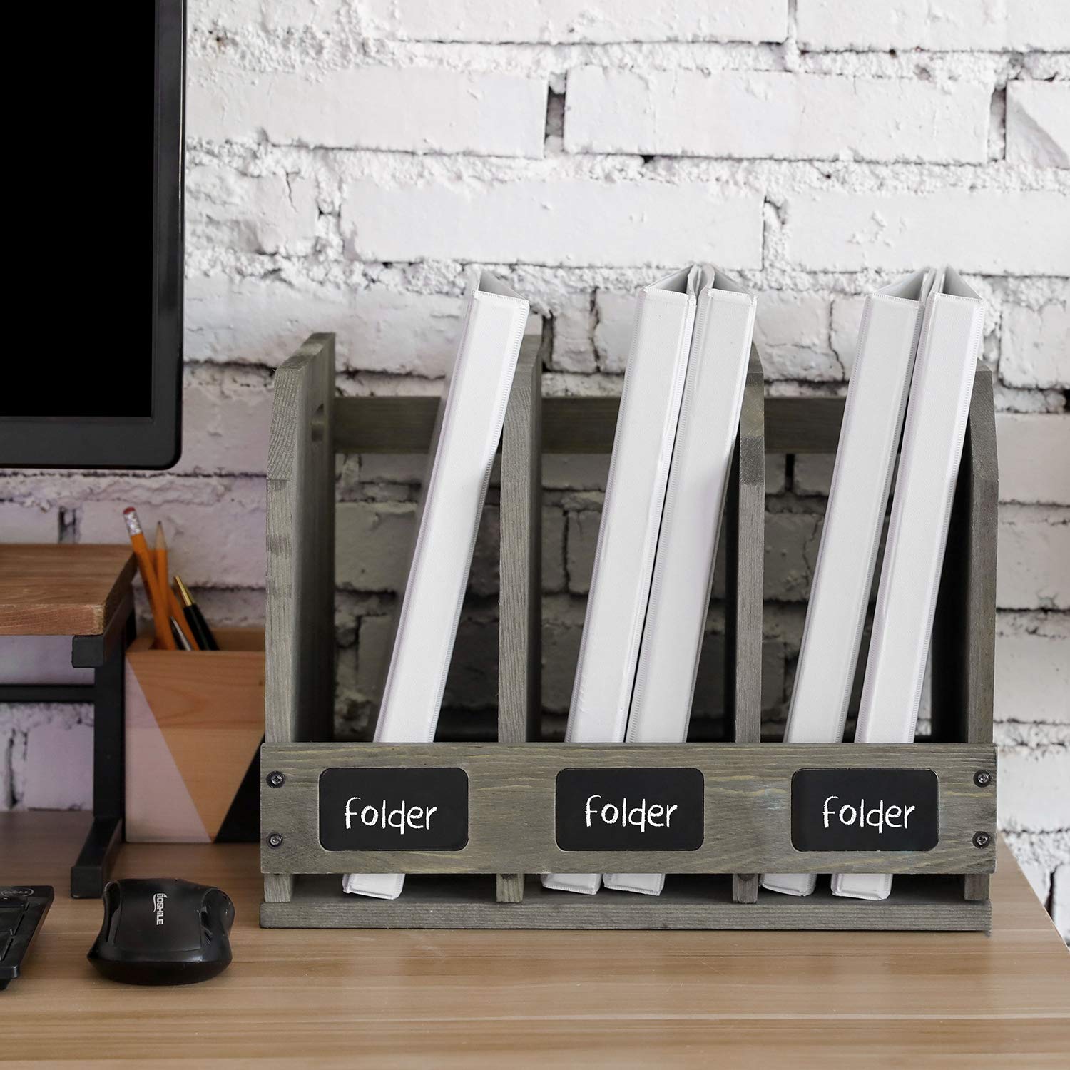 MyGift Vintage Gray Solid Wood Magazine Holder with 3 Compartments and Chalkboard Label, Office Home Desktop Document Organizer, Desk File Folder and Binder Rack