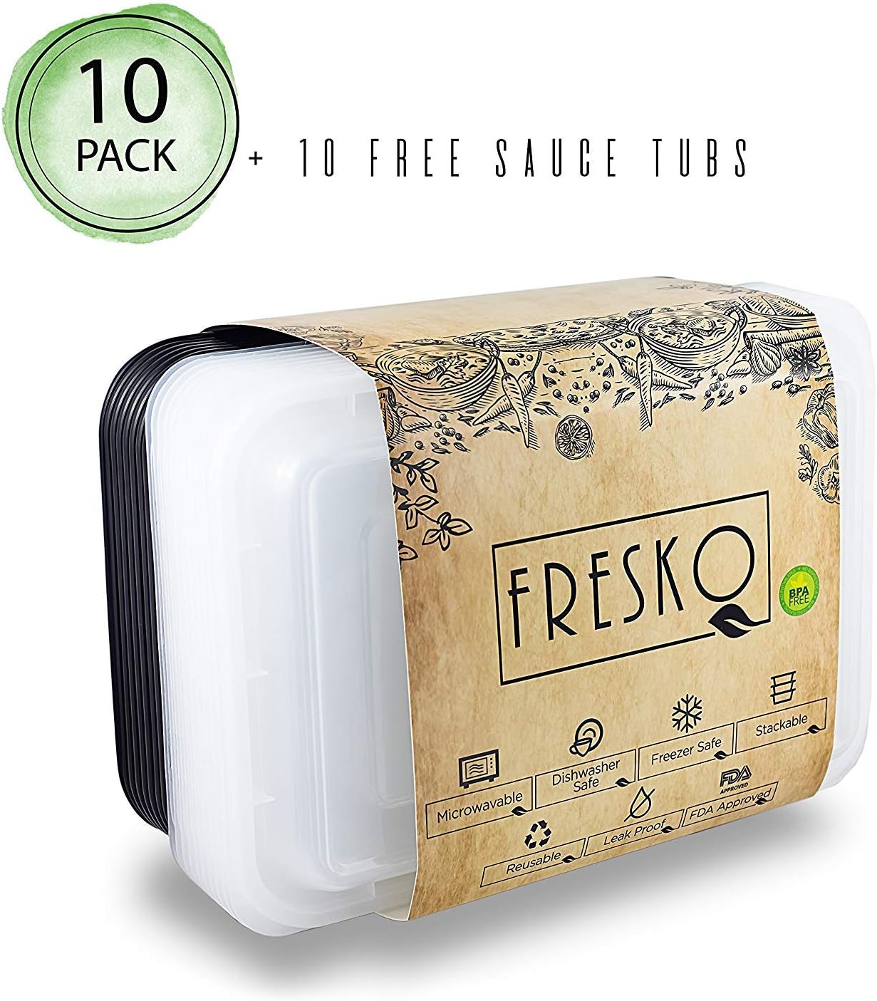 Premium 1 Compartment Meal Prep Containers with Lids FRESKO [10 pack] - Durable BPA free Plastic, Reusable Food Storage Containers - Stackable, Microwavable & Dishwasher Safe + 10 FREE SAUCE CONTAINERS