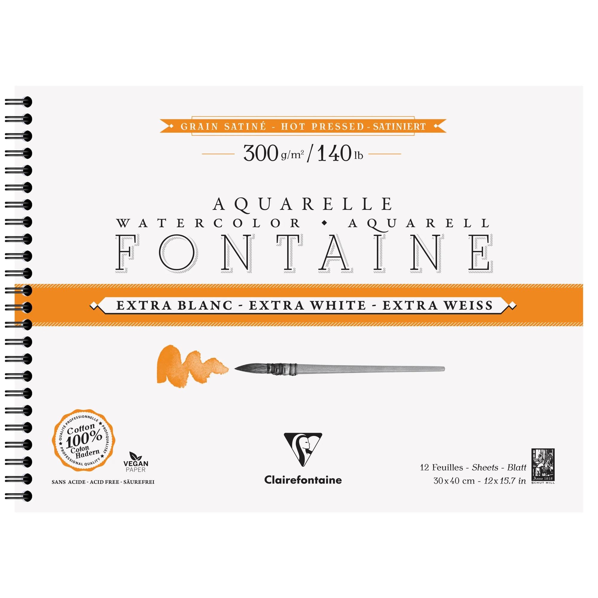 Clairefontaine 976032C Álbum Espiral Fontaine Extra Blanco - 12 Hojas Papel Acuarela Extra Blanco 100% Algodón Grano Satinado - Calidad Profesional 30x40cm 300g