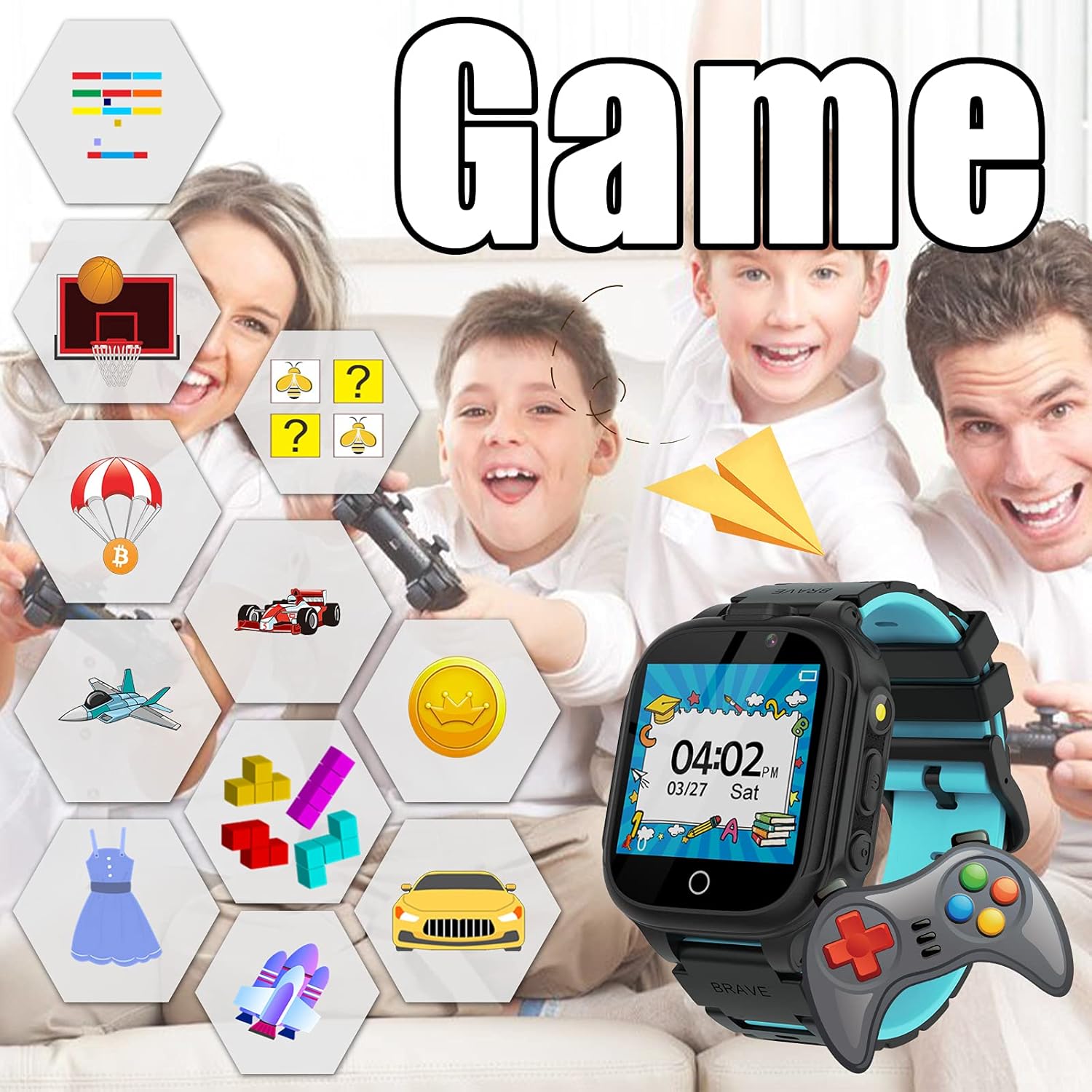 PTHTECHUS Smart Watch S23 displaying game icons, with children playing games in the background.