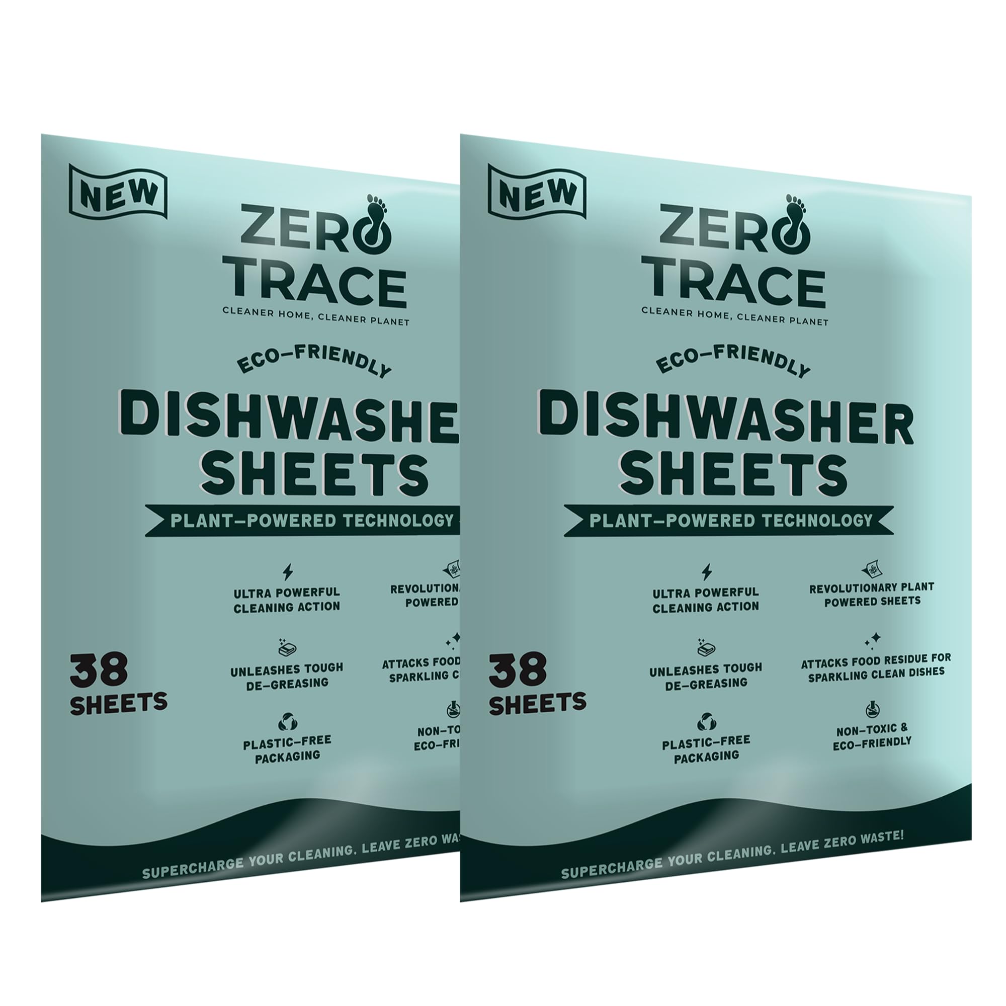 Zero Trace Dishwasher Detergent Eco-Friendly Sheets for Dish Washing - Plant Powered Technology - Plastic Free Biodegradable- 38 Count- Pack of 2 (76 Total Sheets)