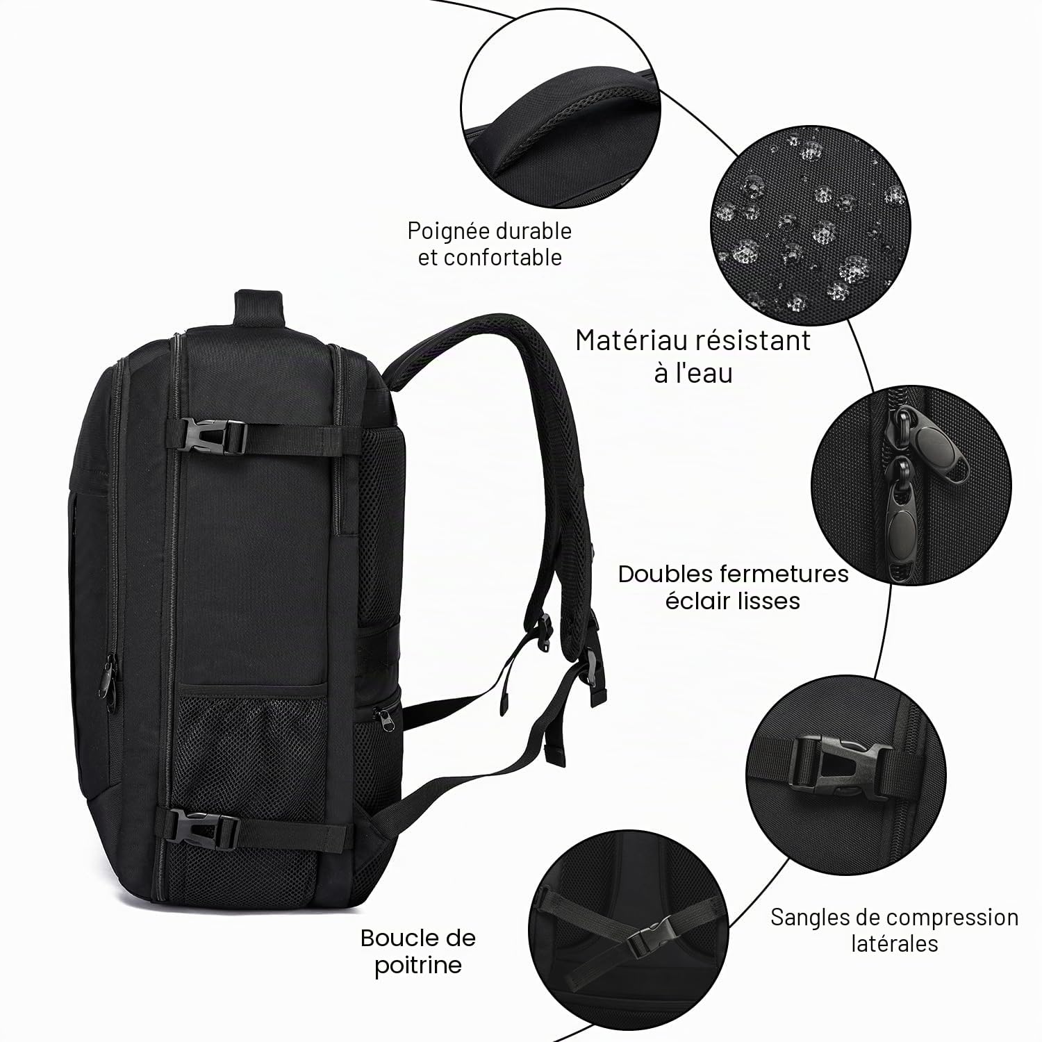 Bagage Cabine 55x40x20cm Grande Sac a Dos Voyage Cabine Avion 44L Femme Homme Bagage à Main Sac a Dos Cabine Valise Sac à Dos pour Ordinateur Portable 18.4Pouces, Noir