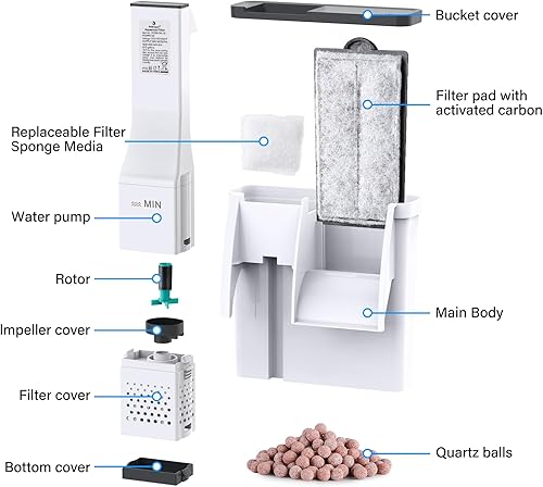 Miniatura 7 de fishkeeper Filtro de acuario de hasta 10 galones de potencia silencioso para colgar en la parte posterior, filtro de acuario de filtración
