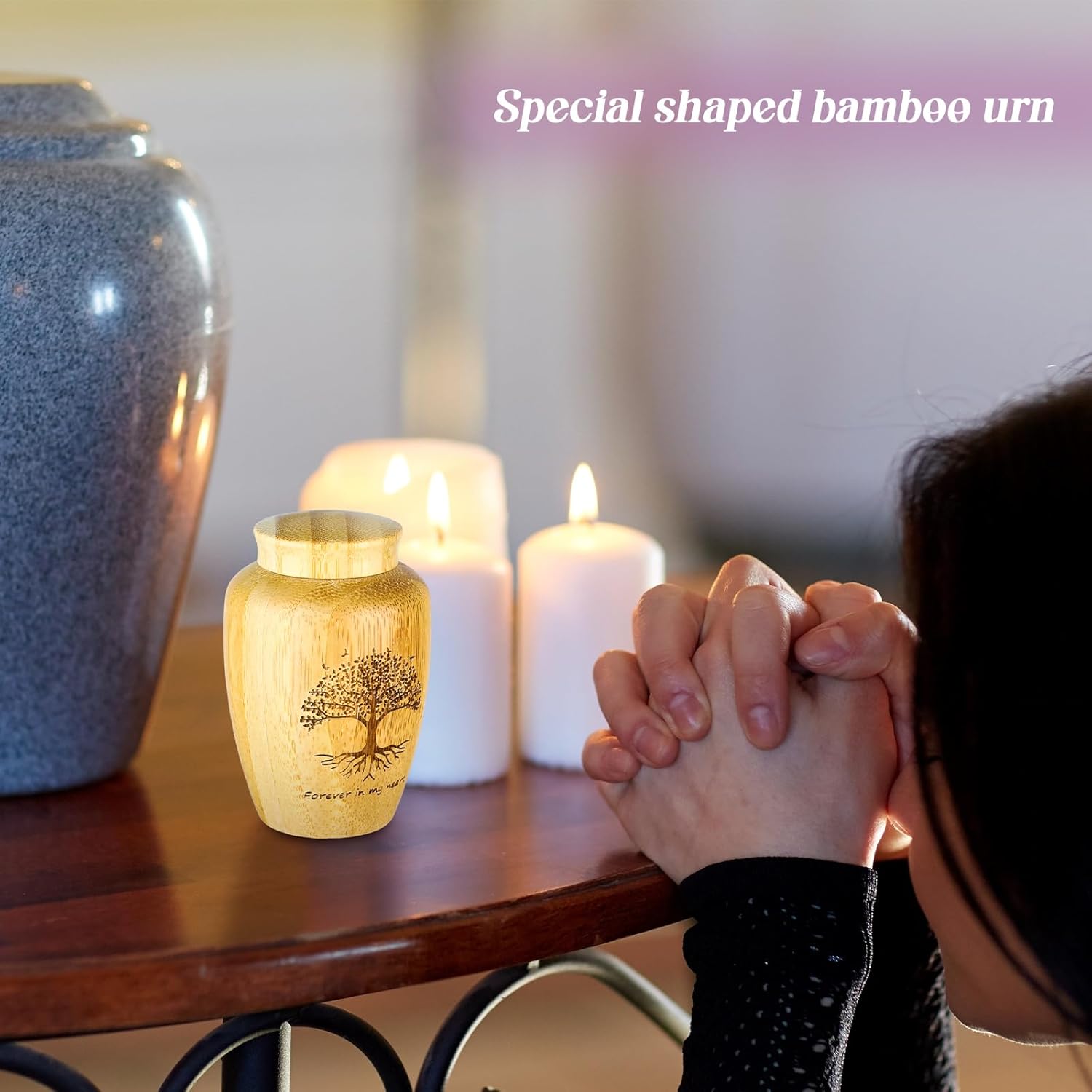 Beeveer 4 Sets Small Urn for Human Ashes Mini Urns with Tree Pattern Engraved Biodegradable Bamboo Cremation Urns for Pet Ashes with Black Velvet Bags