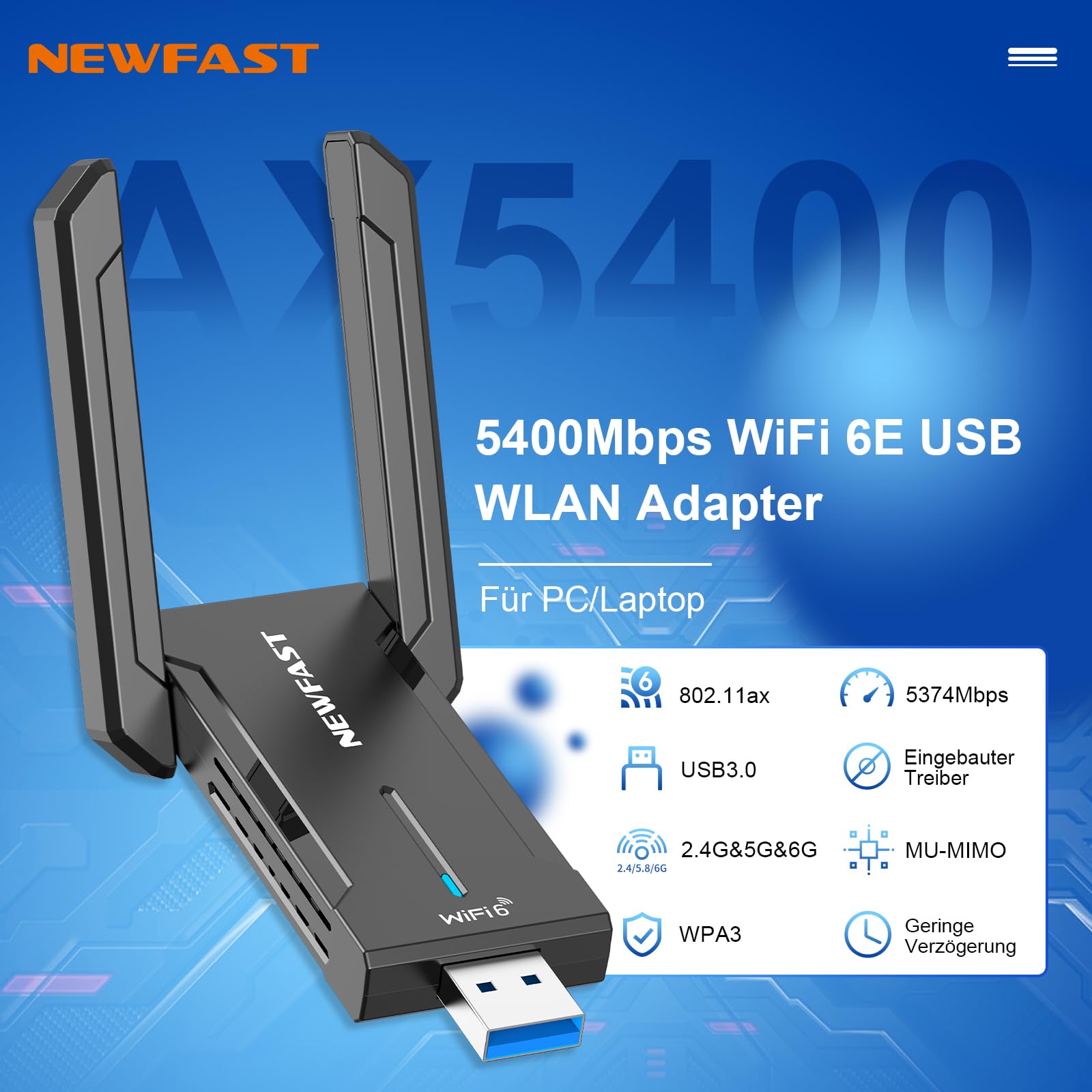 NEWFAST 5400Mbps USB WLAN Stick for PC,Only for Windows 10/11