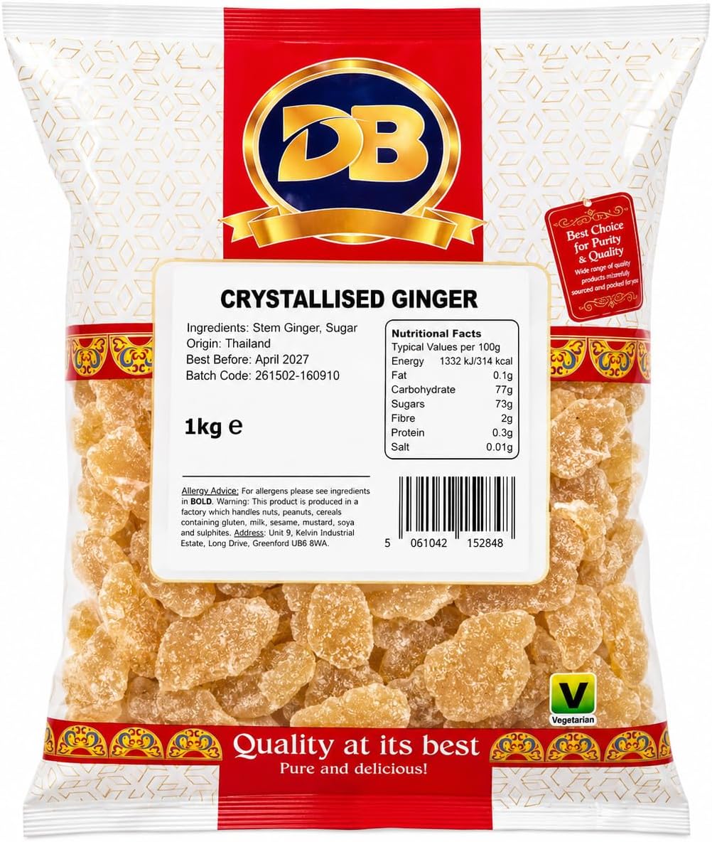 Crystallised Ginger 1kg, Candied Stem Ginger Chunks for Baking | 1kg sugar-coated stem ginger chunks for baking, cooking, desserts and snacking; vegetarian, made with stem ginger & sugar