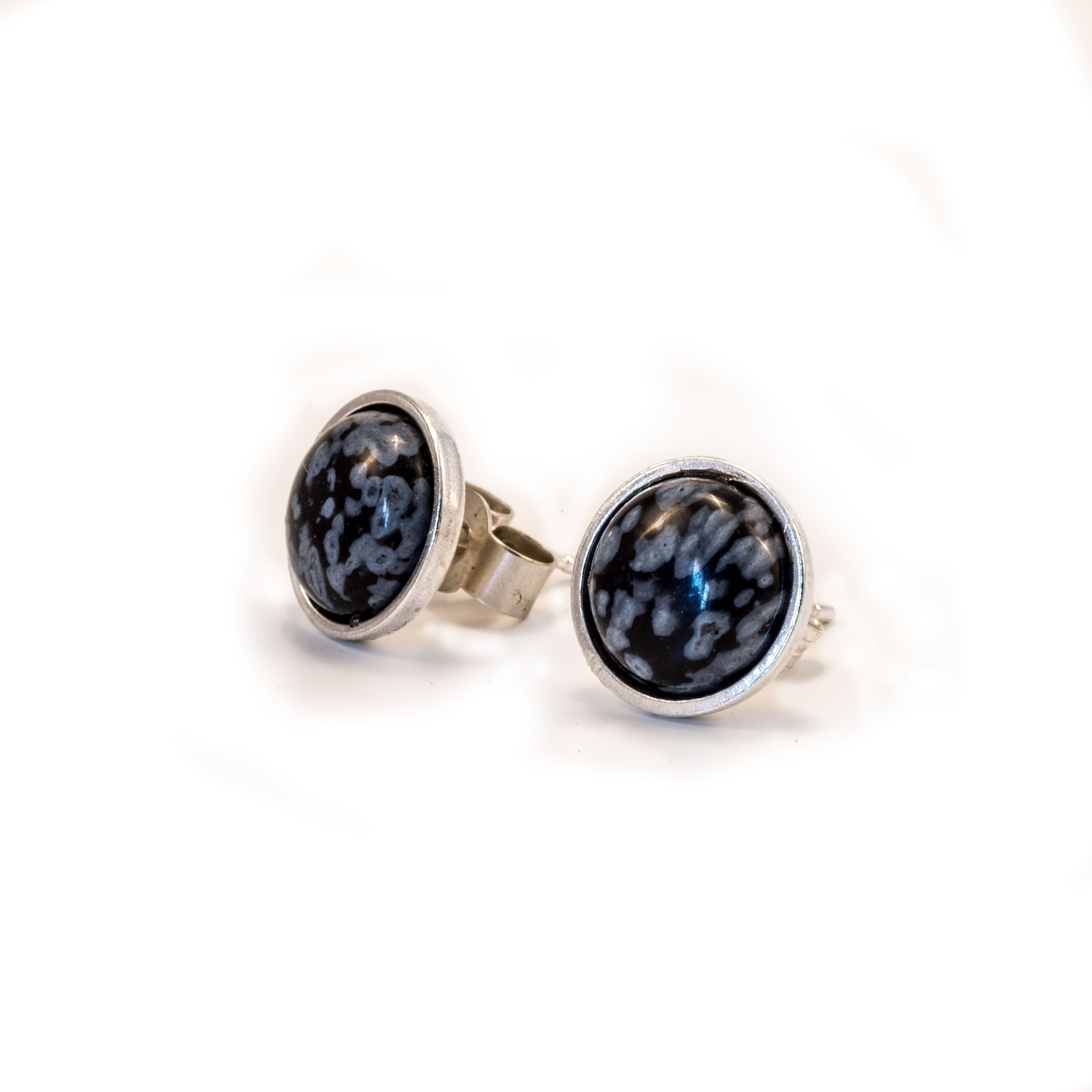 Black Snowflake Obsidian Stud Earrings, Sterling Silver, 8 mm Natural Gemstone,