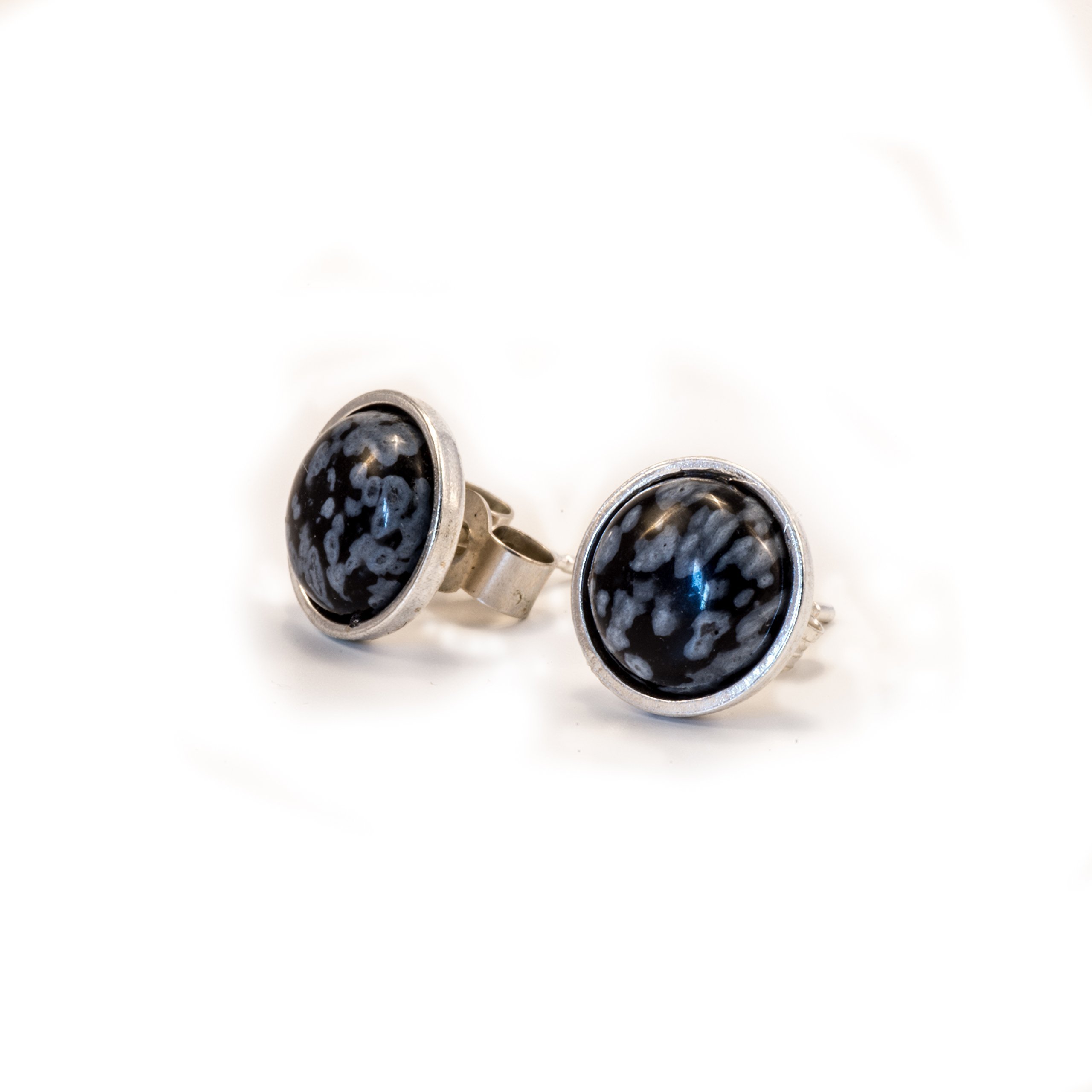 Black Snowflake Obsidian Stud Earrings, Sterling Silver, 8 mm Natural Gemstone,