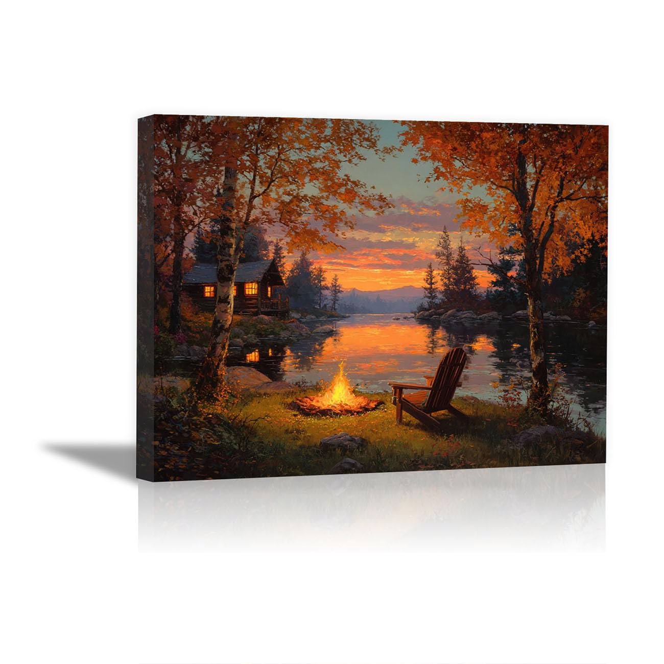 QUSAAOU Wall Art Bedroom Autumn Cabin and Campfire Scene by Lake at Sunset Abstract Canvas Prints Minimalist Artwork Bedroom Office Home Decoration Canvas Natural Landscape(Orange)-80x120cm Unframed