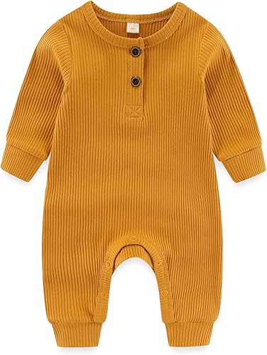 Vista 3 de IADOER Mameluco de una pieza para bebés recién nacidos niños y niñas con puños de manopla, paquete de 3, manga larga acanalado con botones, conjunto