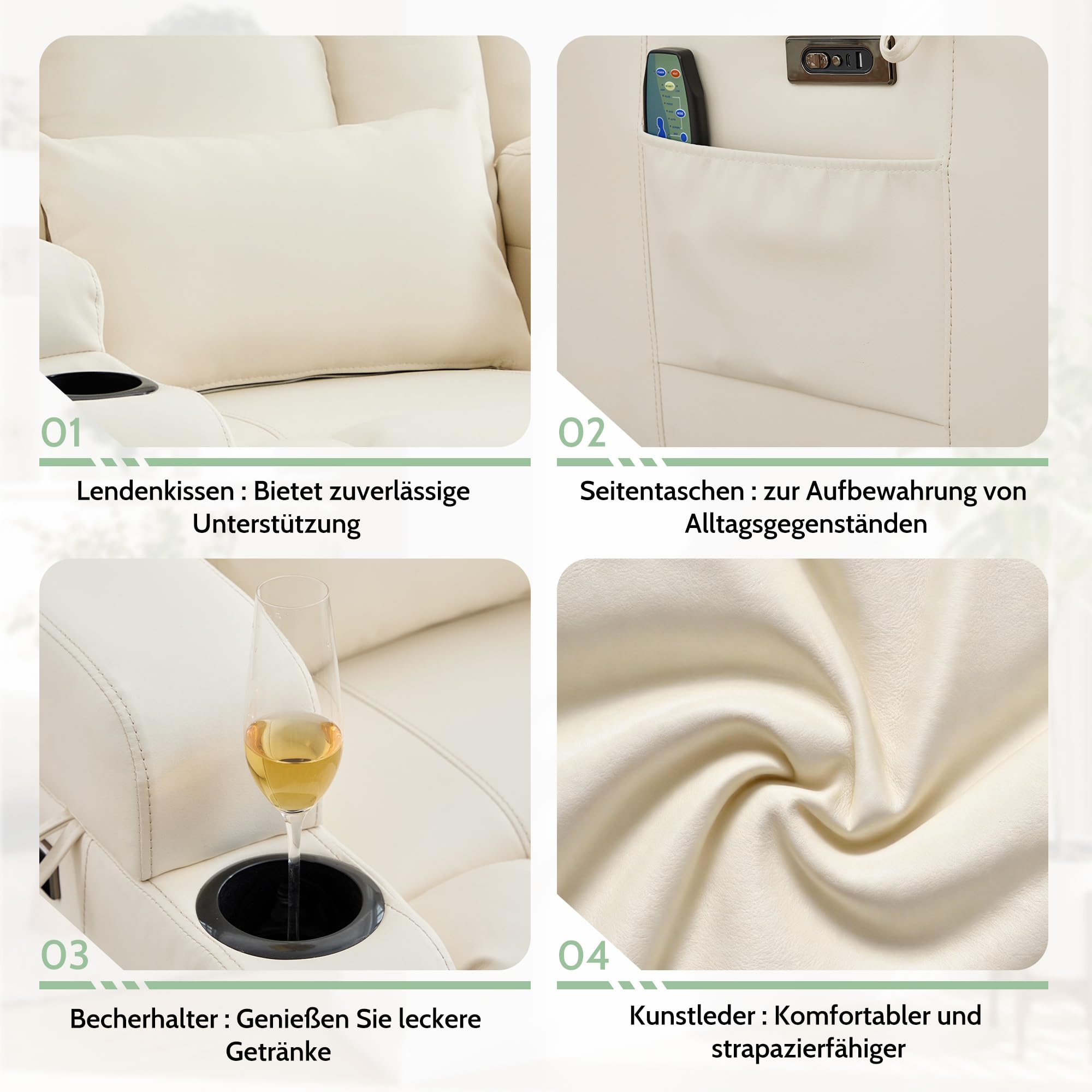 Relaxsessel mit Massage und Heizfunktion, Fernsehsessel Elektrisch Verstellbar, TV Sessel mit USB-Anschlüsse, Getränkehalter, Seitentaschen, Kunstleder (Cremeweiß)