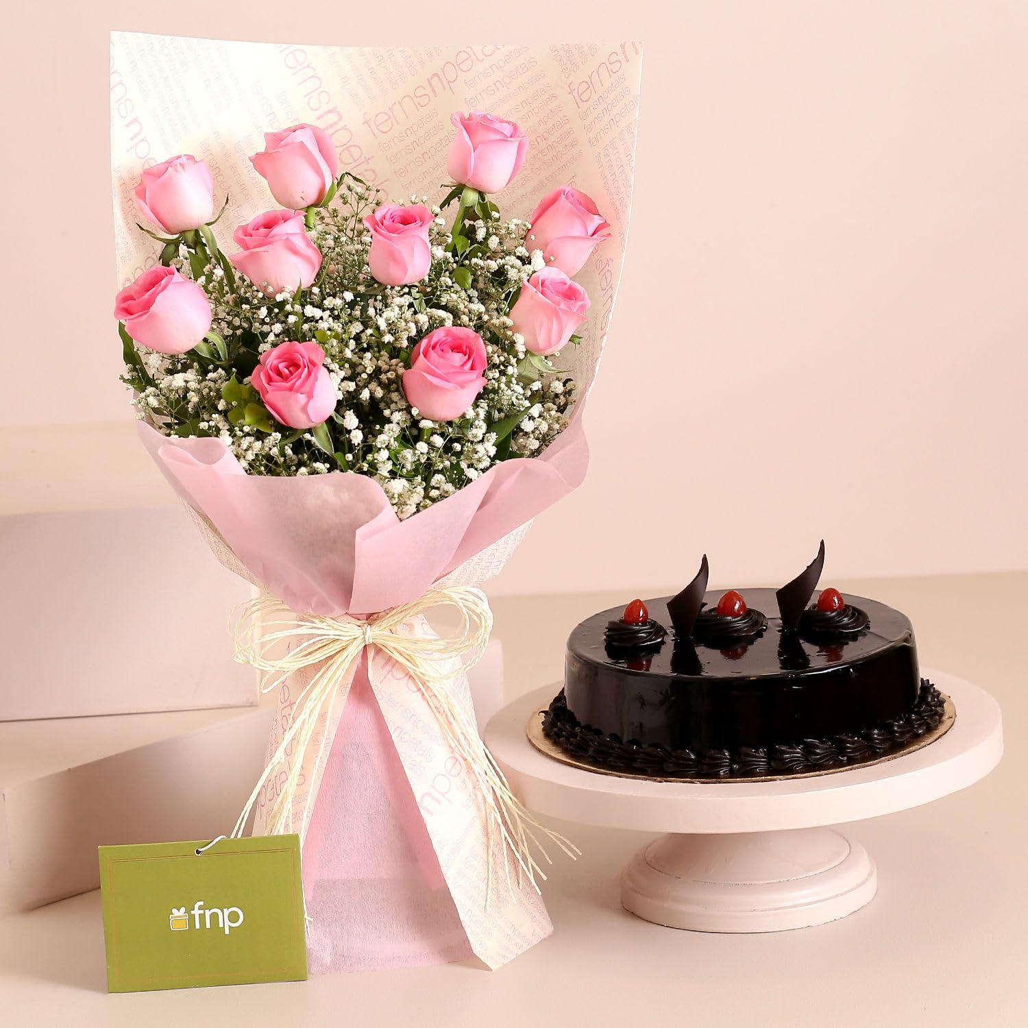 Fnp Dreamy Pink Roses Bouquet With Truffle Cake-picture-13