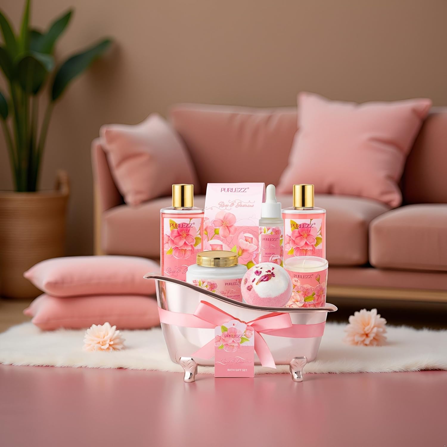 Rose & Jasmine Floral Luxury Bath & Body Gifts - Spa Basket with Body Lotion, Soy Candle - Home Bath Gift Set for Women - Image 8