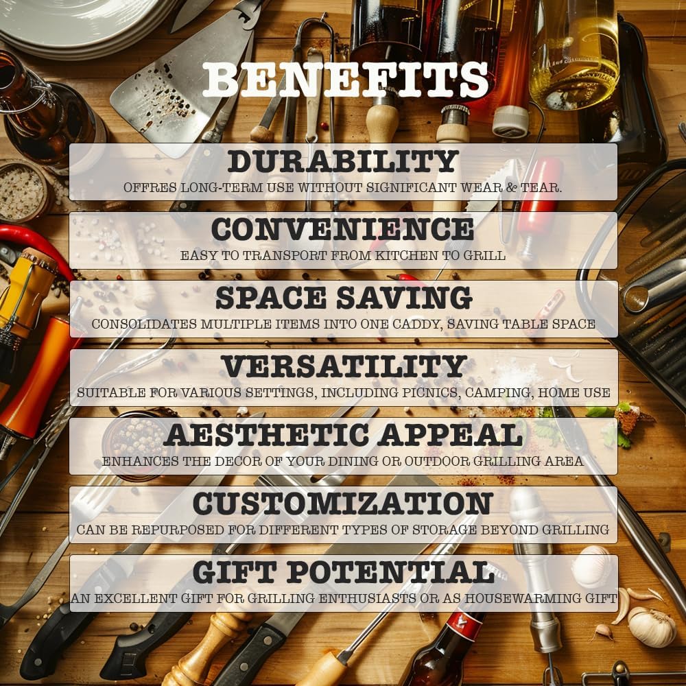 Wooden Grill Caddy Organizer - Versatile BBQ Caddy for Outdoor grill - Portable rustic wood condiment and paper towel holder with bottle opener for picnic and grilling