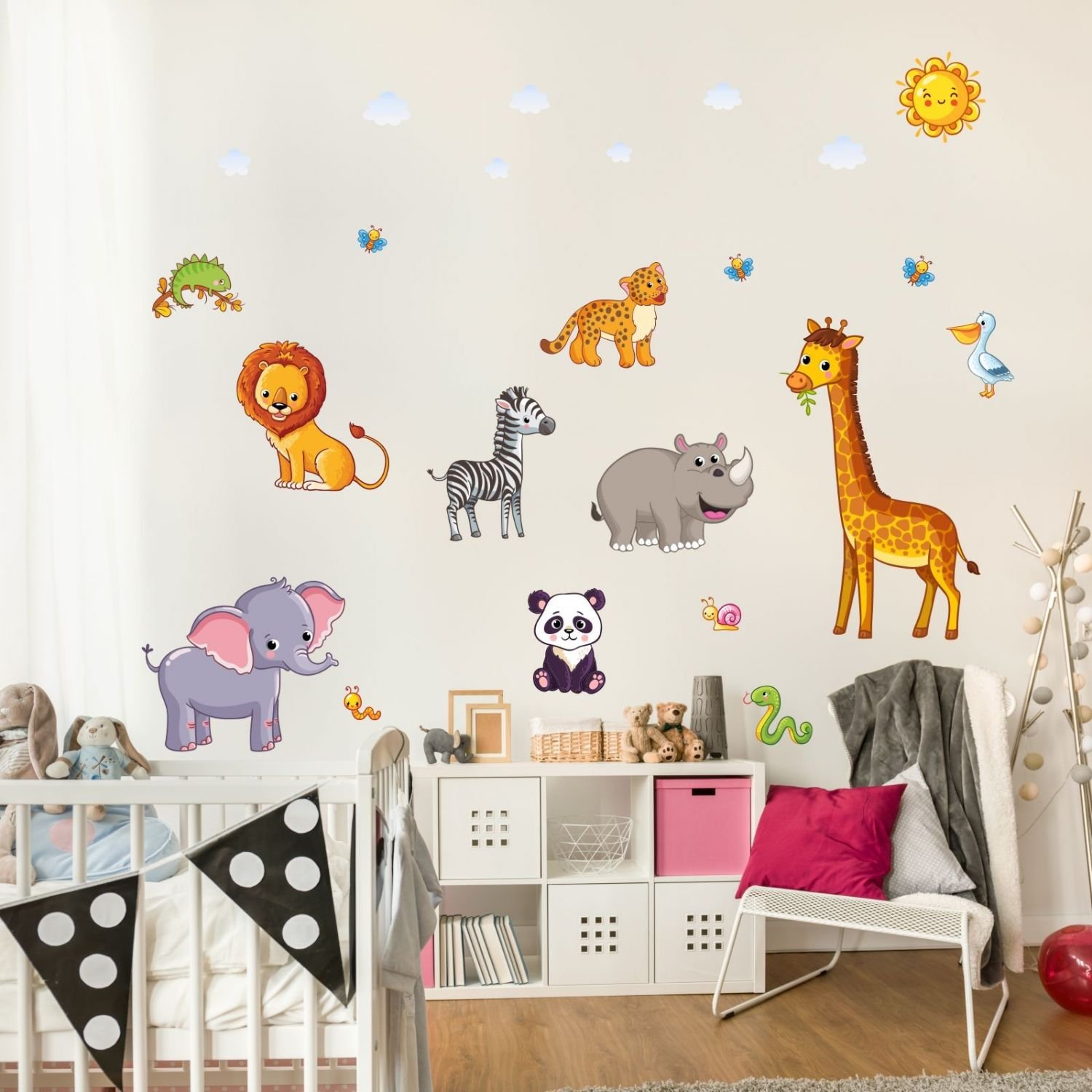 Nikima 080 - Adhesivo decorativo para pared de habitación infantil, diseño de elefante, león, jirafa, en 6 tamaños, para habitación infantil, pegatina y pegatinas, diseño de chica, tamaño 2000 x 1120