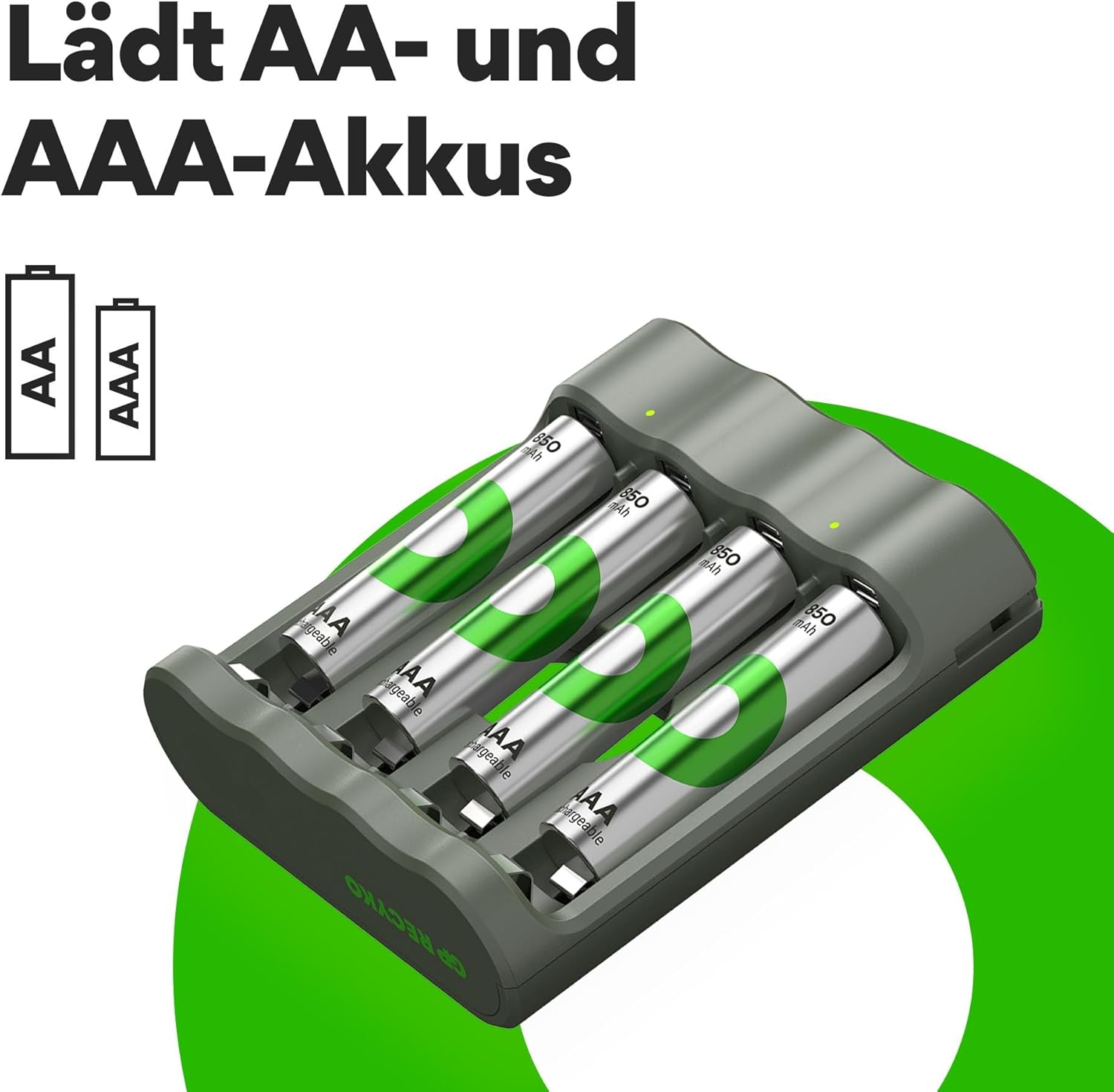 Pangisi Daya Batré USB GP ReCyko B441 nunjukkeun kompatibilitas sareng batré AA sareng AAA.