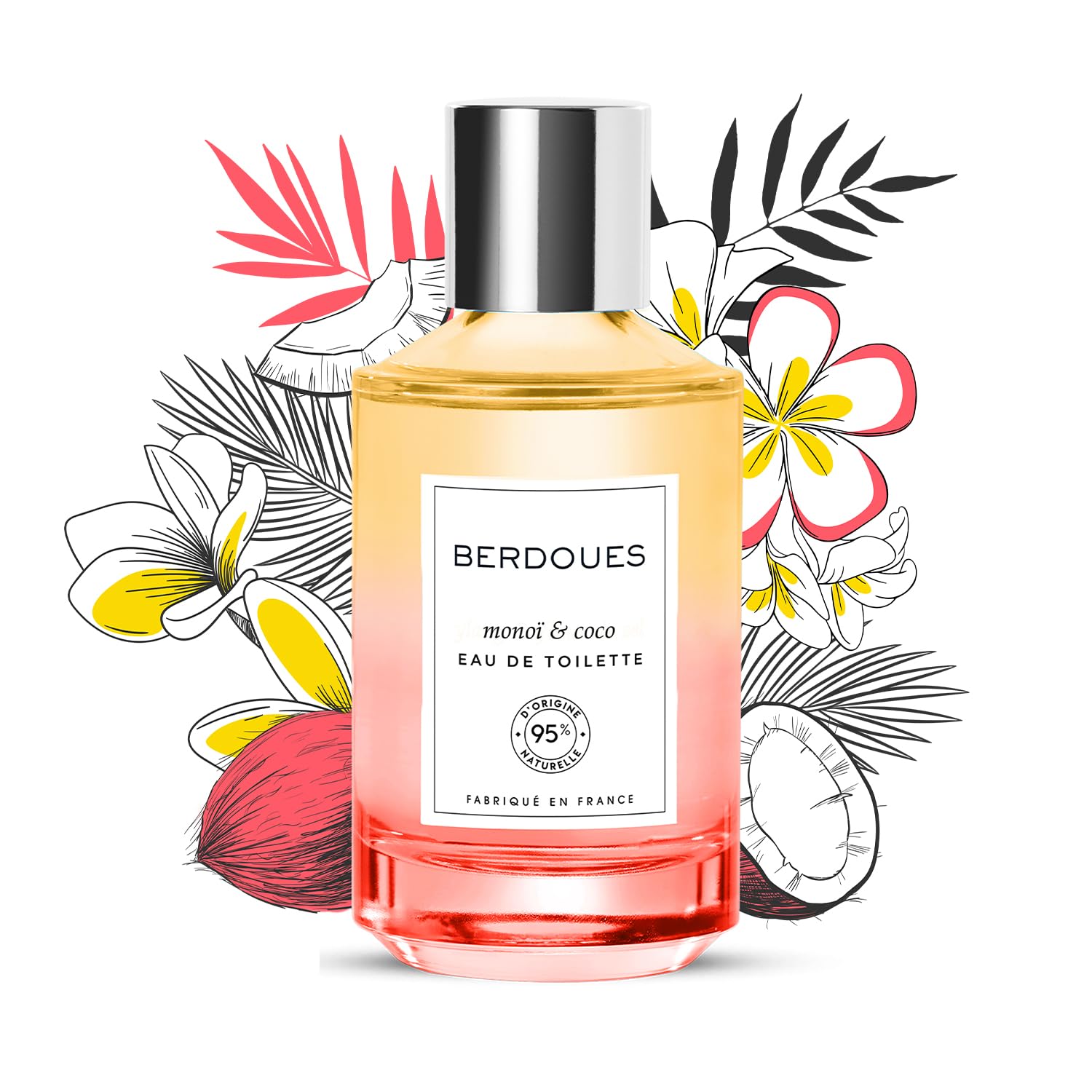 BERDOUES Monoi i Coco Woda toaletowa, Zmysłowa i słoneczna, Made in France, wegańska, bez barwników, perfumy damskie, Coco, Cytryna i Brus, butelka, 100 ml
