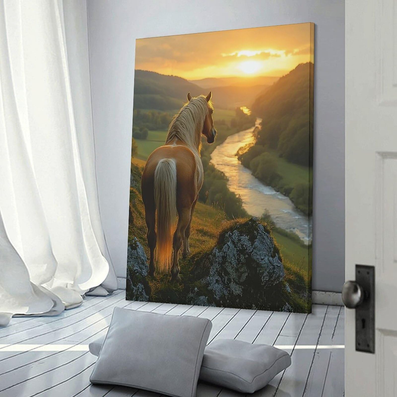 Junmoney Hanging Wall Art Horse Overlooking A Sunset River Valley, 12x18inch(30x45cm), for Work Areas, Reading Rooms Or Studios, Wall Art That Adds Style to Work Areas
