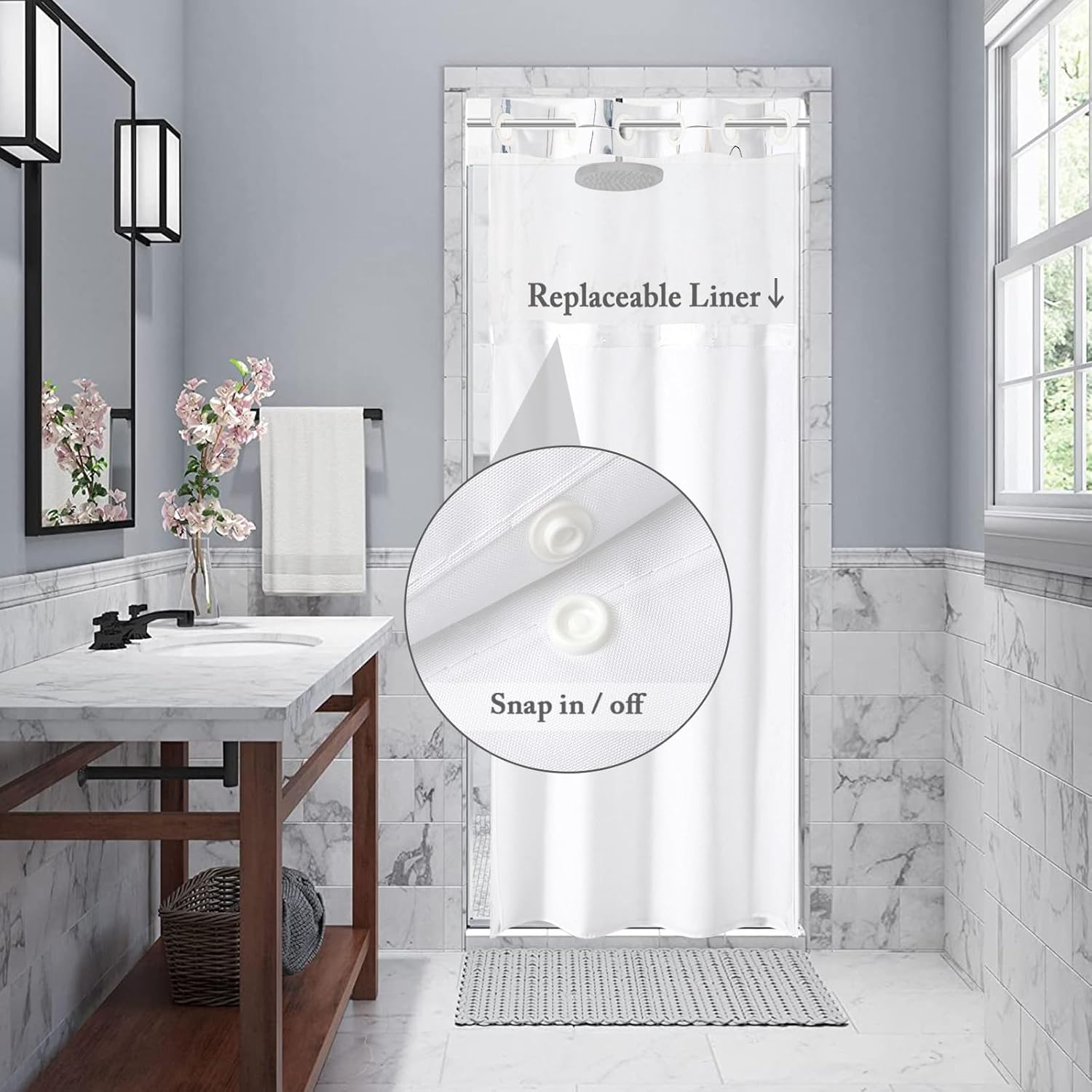 Gibelle Small Stall No Hook Floral Shower Curtain with Snap-in Fabric Liner Set - 36" x 74"(72"), Hotel Style Blue Beige Flower Shower Curtain with See Through Top Window, Waterproof & Washable