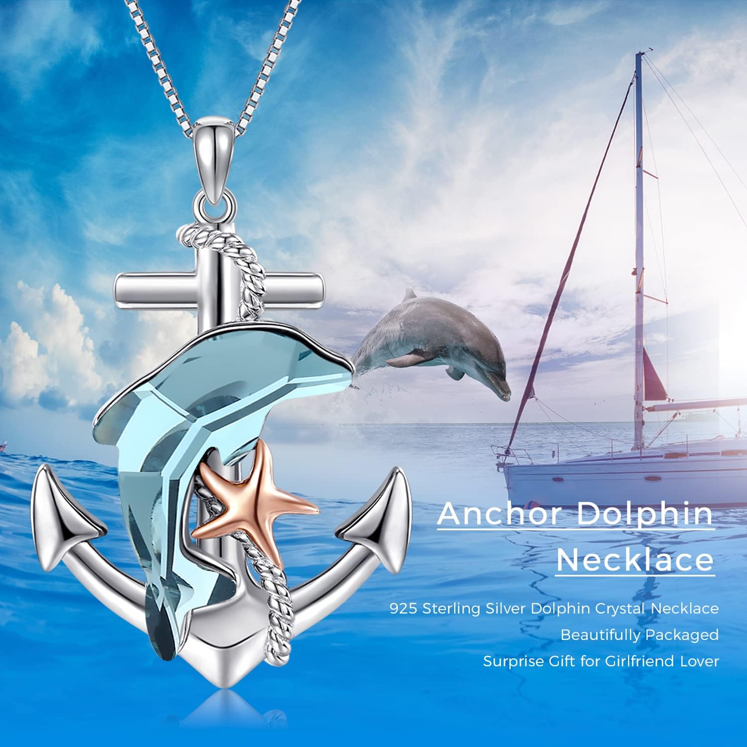 Sea Turtle/Jellyfish/Dolphin/Mermaid/Compass/Steering wheel necklace 925 Sterling Silver Anchor Navy Ocean Jewelry Beach Gifts for Women Men - Image 7