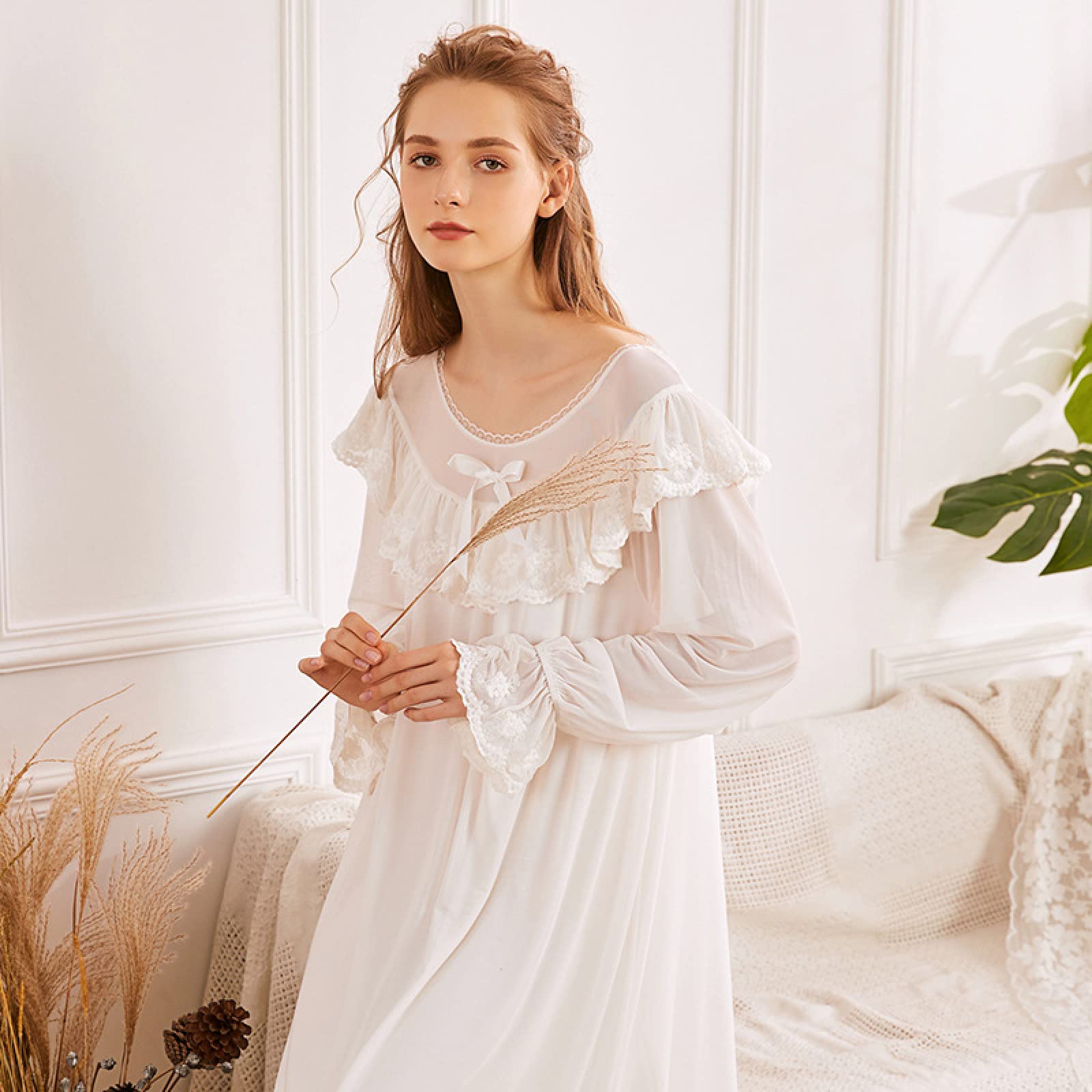 OFFSUM Camisón De Pijama De Mujer - Primavera Verano Camisón De Cuello Redondo Vestido De Malla De Encaje Blanco Elegante Princesa Vintage Ropa De Dormir Transpirable Lencería De Novia