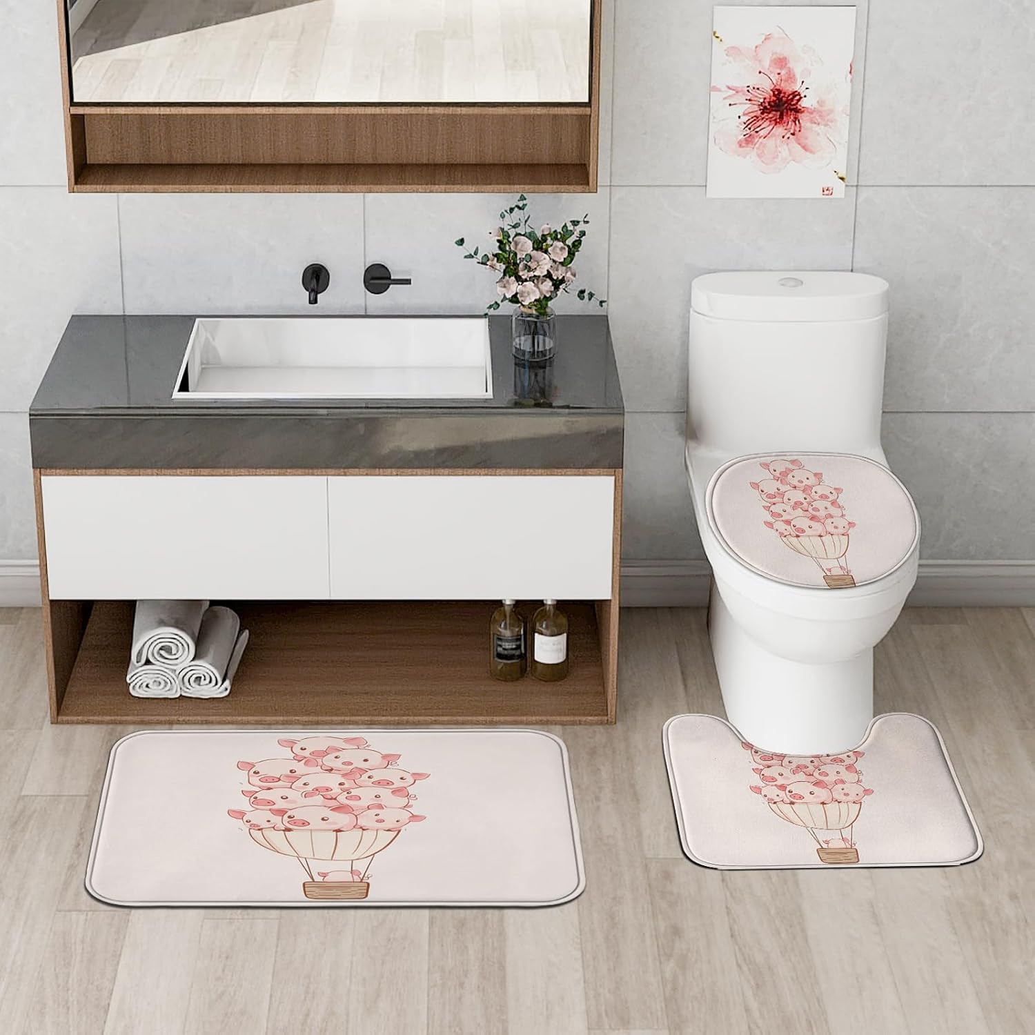4PCS Fun Pig Bathroom Sets, Bath Accessory with Non-Slip Rug, U Shape and Toilet Lid Cover Mat, Peach Cartoon Kid Preppy Bathroom Decor-72''x72''