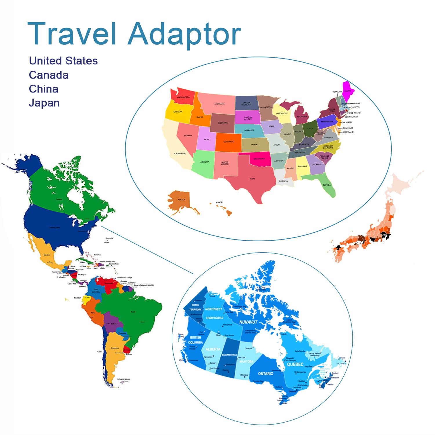 Chargeur de Voyage US Plug, Adaptateur de Prise US & Canada avec 2 Ports USB-A et 2 Ports de Charge Rapide USB-C pour US/Canada/Chine/Japon