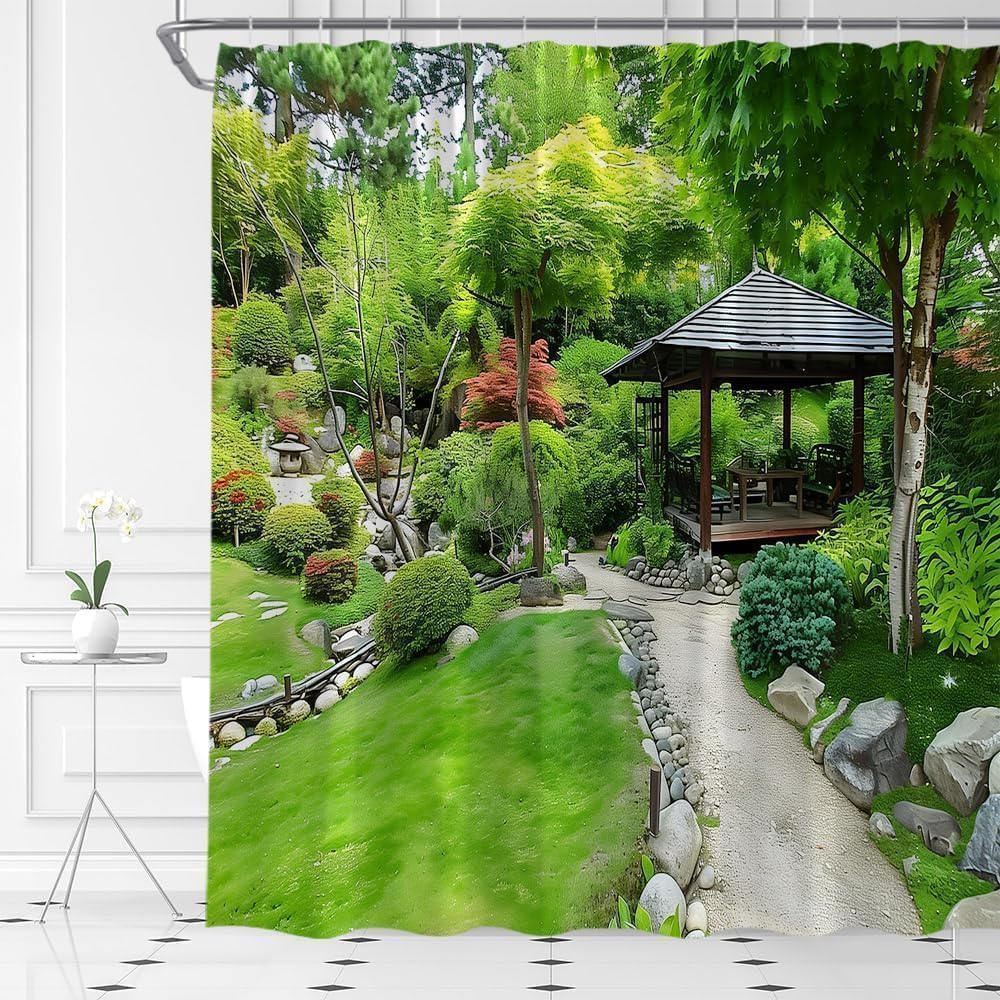 Rideau de douche 3D jardin chinois anti-moisissure polyester lavable 240x180cm
