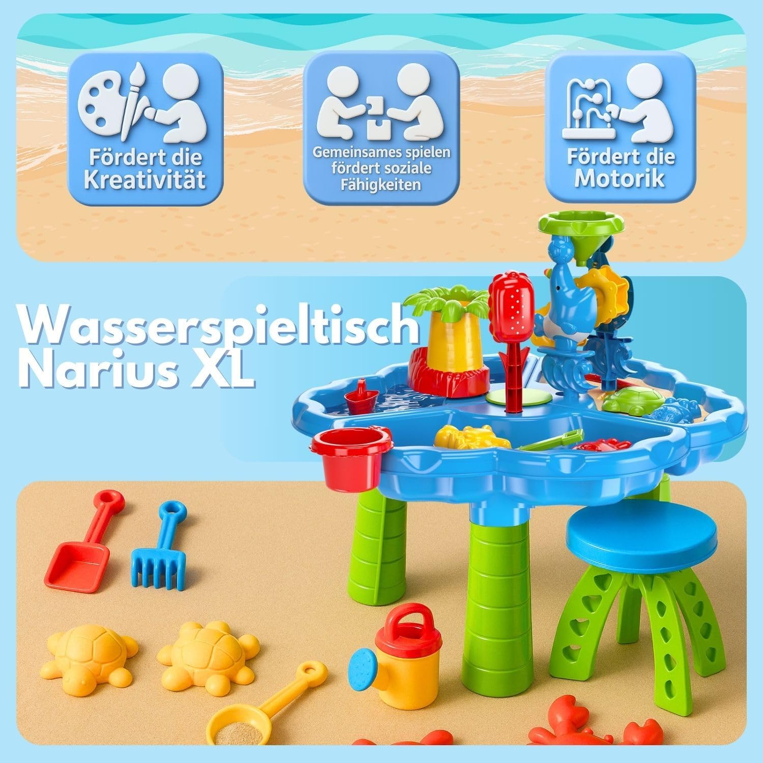 Table de Jeu Narus XL à Sable et Eau - 3 Bacs Séparés, Tabouret, pour Enfants, Extérieur, Balcon et Jardin - Bac à Sable avec Jouets et Table de Plantation