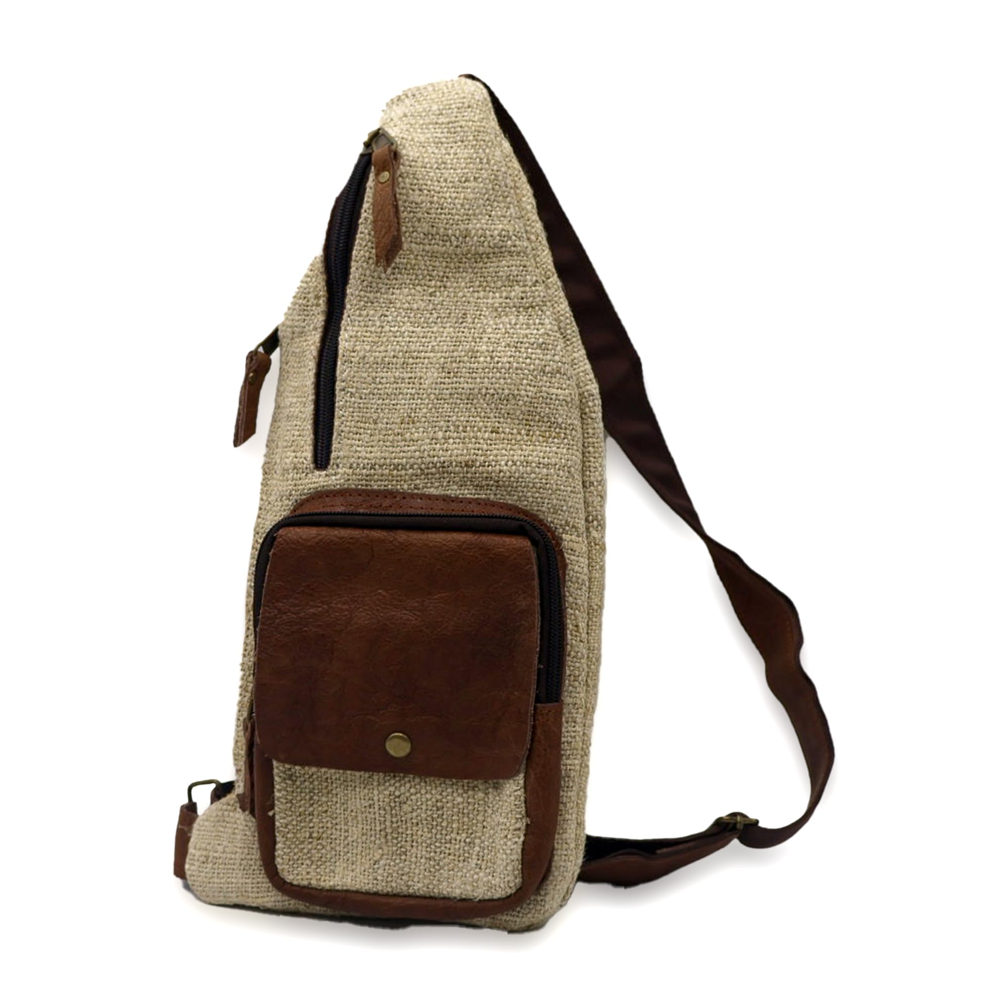Bolso bandolera de algodón de cáñamo hecho a mano con correa de cuero, 100% natural, fabricado en Nepal