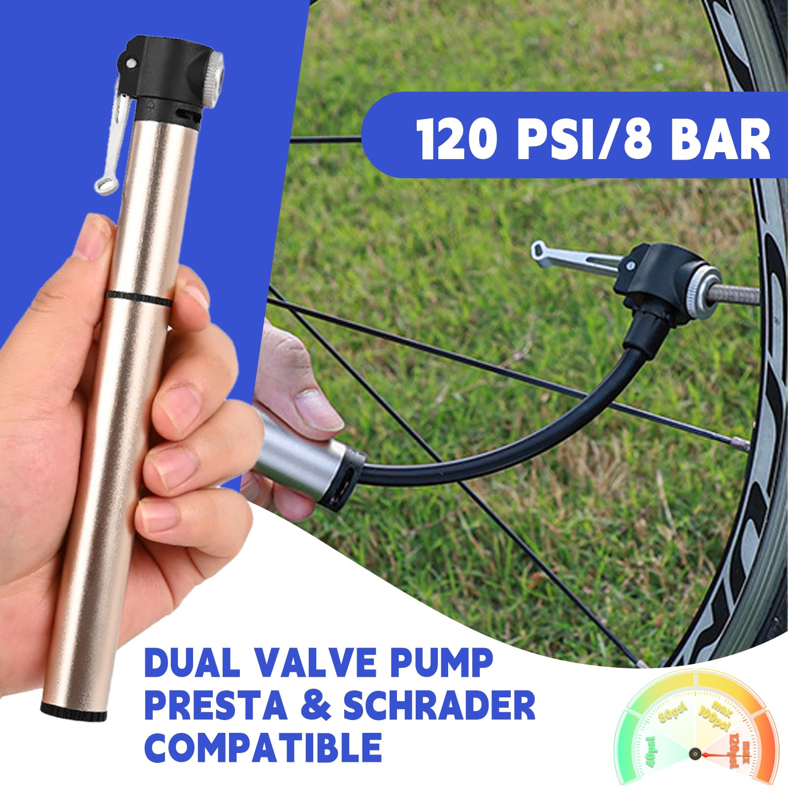 Mini Pompa Per Bicicletta, Pompa Portatile A Due Valvole, Pompa Ad Aria In Alluminio Per Bicicletta Tutte Le Valvole, Gonfiatore Rapido Adatto Per Mountain Bike, Bici Da Strada