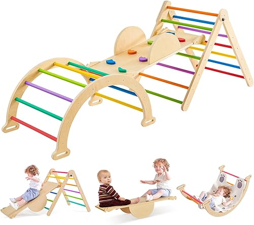 Juego de triángulos de Pikler arcoíris 7 en 1, Montessori plegable de gran tamaño, juguetes de escalada para bebés, gimnasio interior para niños