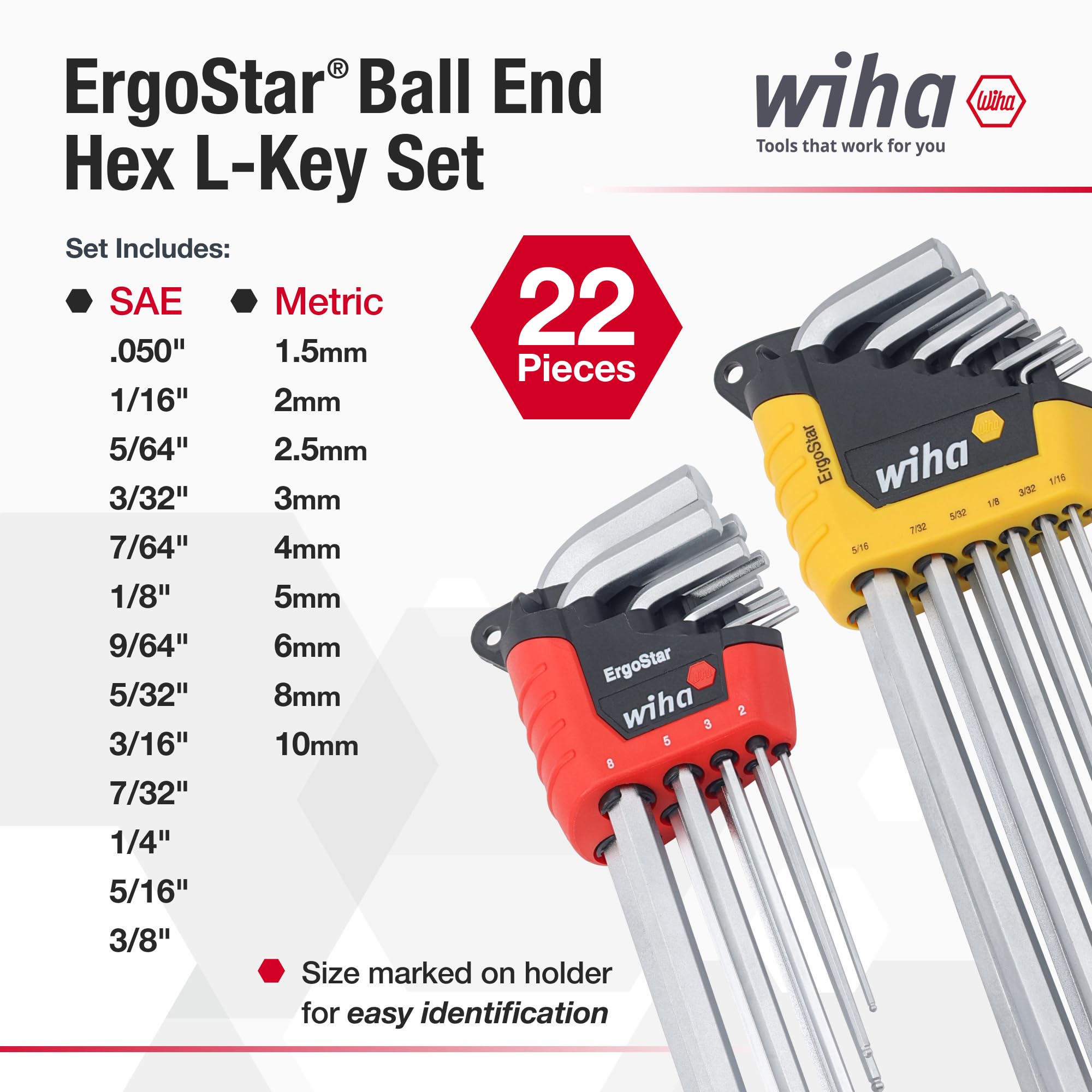 Wiha 66982 ErgoStar Kugelkopf Sechskant L-Schlüssel, Zoll und metrisch, 22-teilig