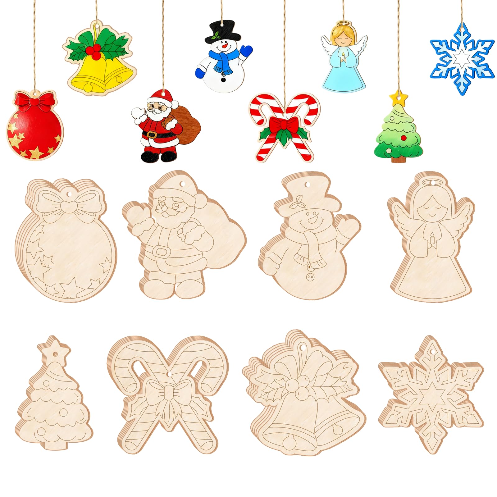 CAMOSE 40PCS Wooden Christmas Crafts for Kids, Xmas Unfinished Wood DIY Ornaments, Blank Cutouts for Christmas Arts Activities Painting, Hanging Decoration