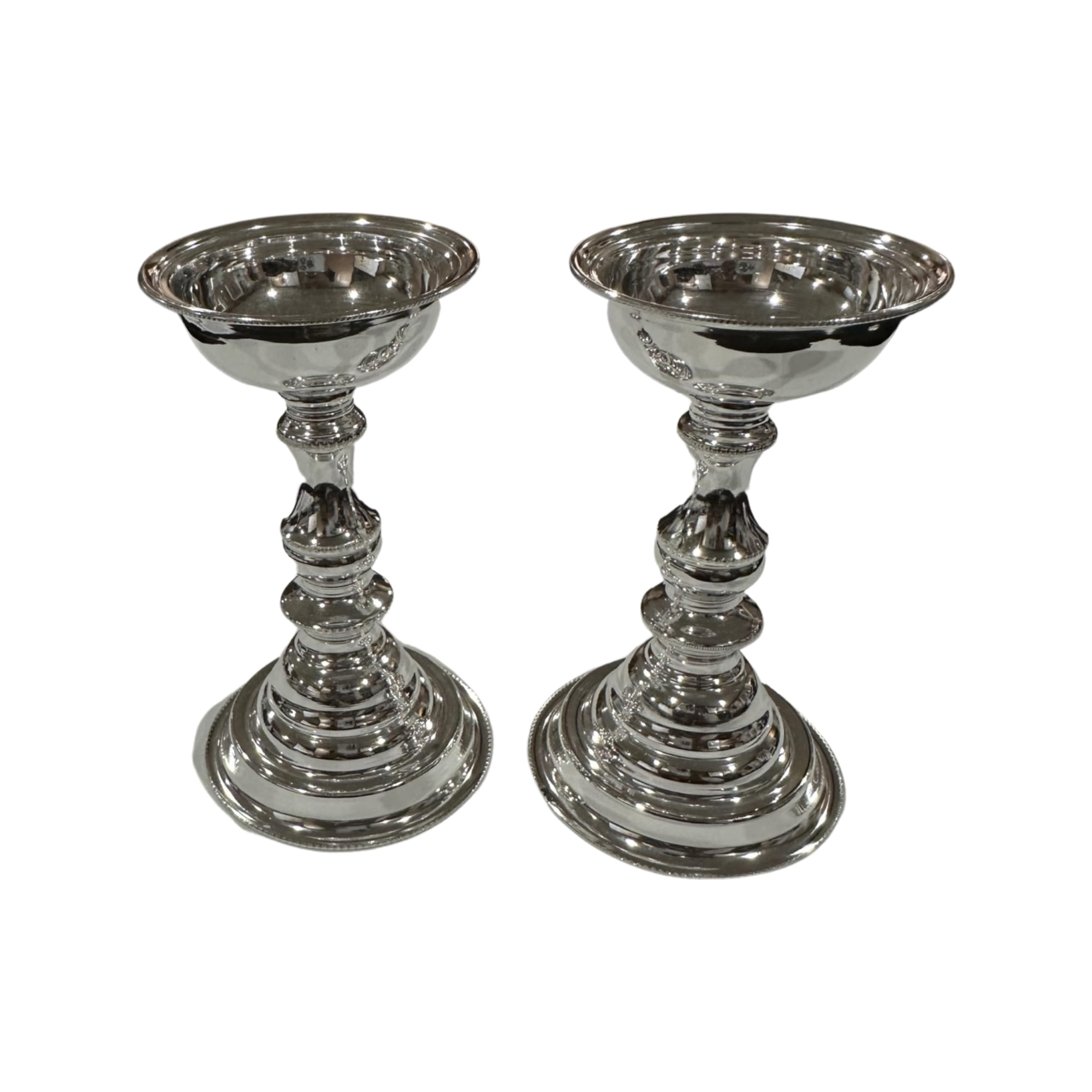 Balaji 925 Sterling Silver Hallmarked Small Round Diya / Kuthuvilakku Pair - Indian Arti (3.0" Diya Pair, Wt = 45g)