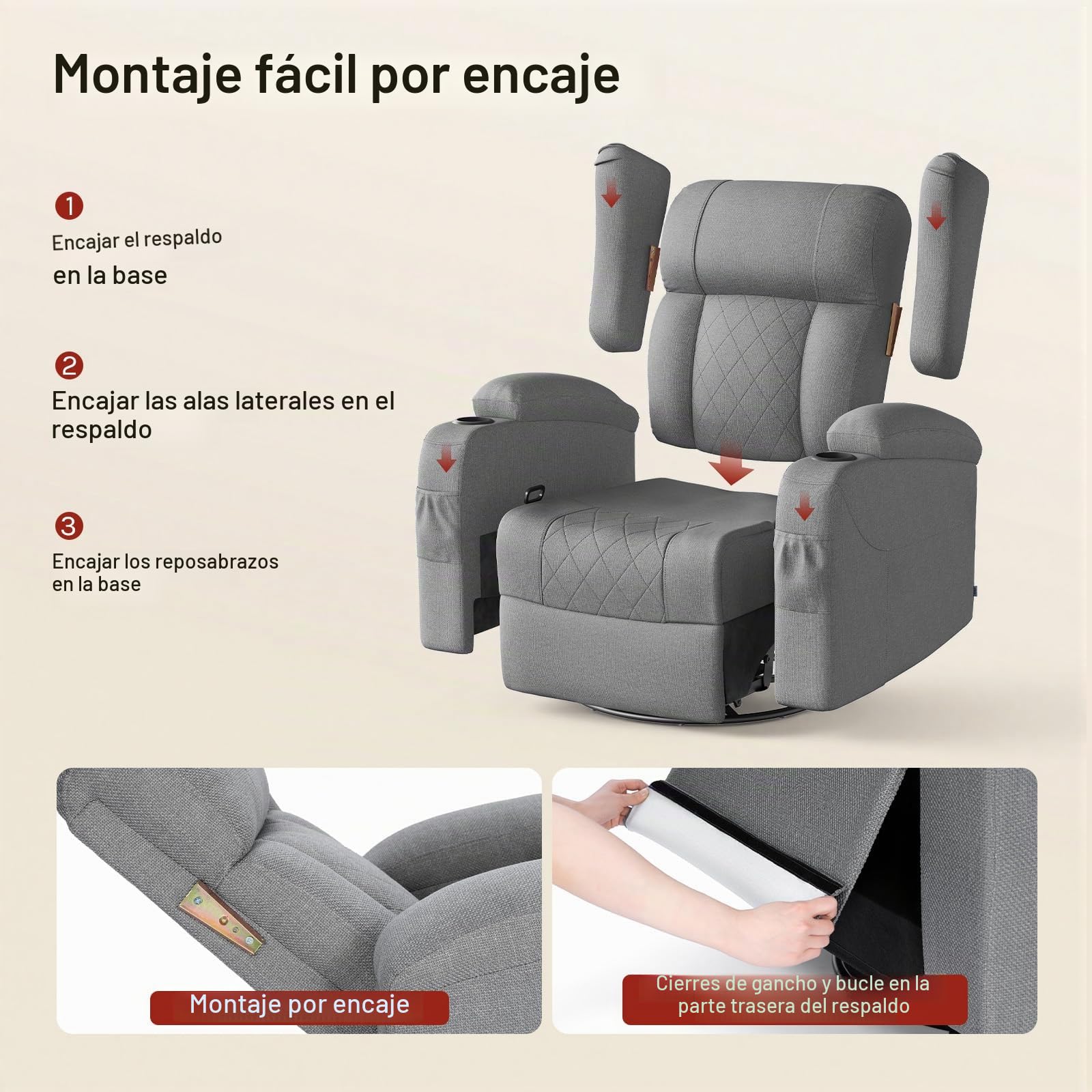 WOLTU Sillón Relax Reclinable, Giratorio 360°, Lino Sintético, Gris | Sofa Individual Función Balanceo y Respaldo Ajustable, con Reposapiés, Bolsas Laterales y Portavasos, Carga 150 kg