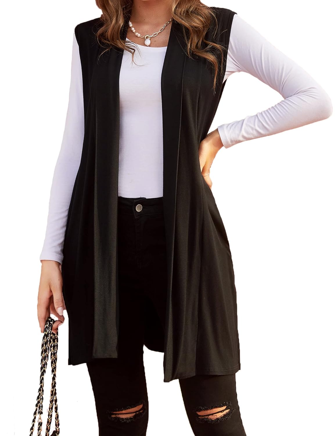 Beyove Womens Long Vests Sleeveless Draped Lightweight Open Front Cardigan Layering Vest with Side Pockets