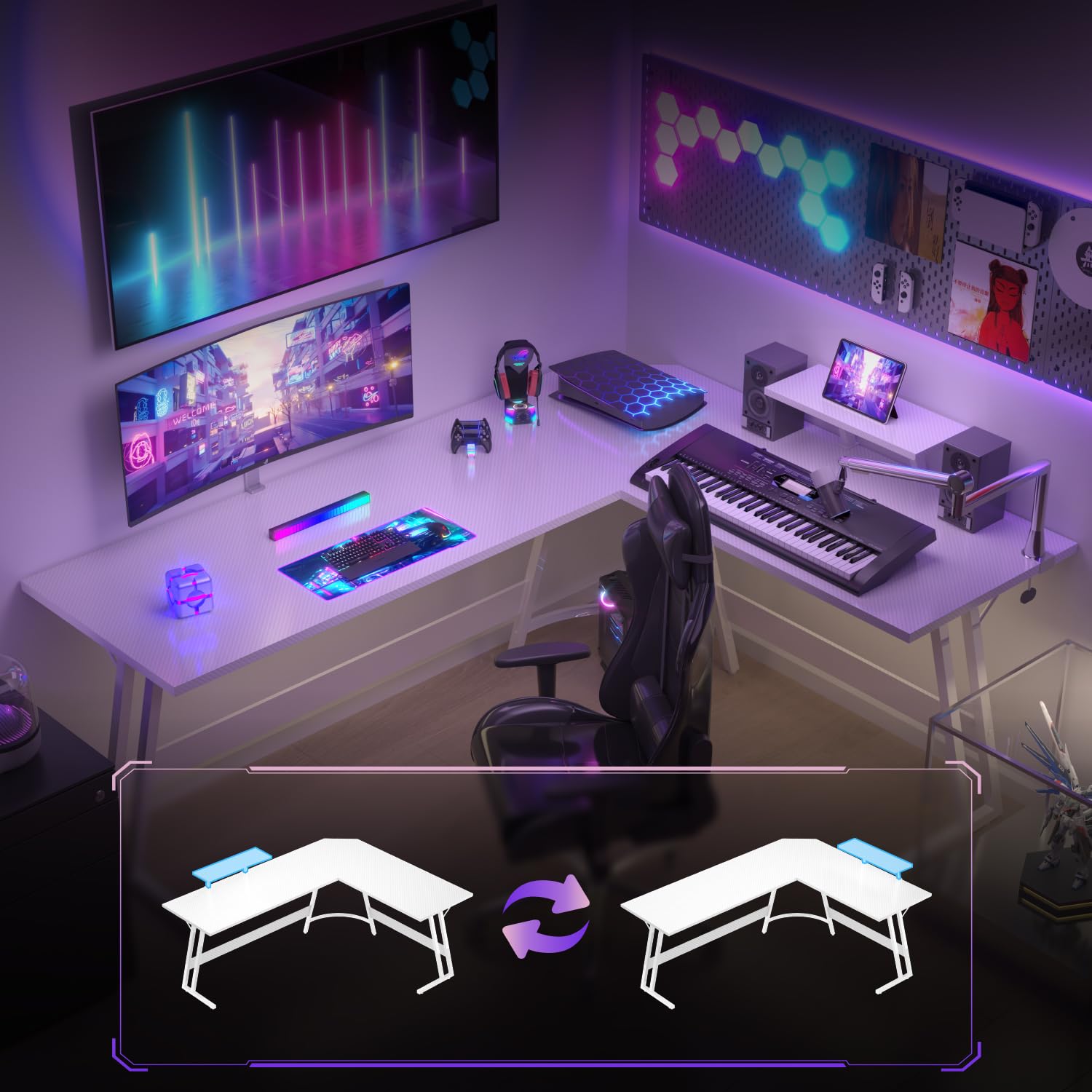 ODK Corner Desk With Storage, L Shaped Desk With Hook, Computer Gaming Desk With Monitor Stand, Black 148×120 Cm - View #10