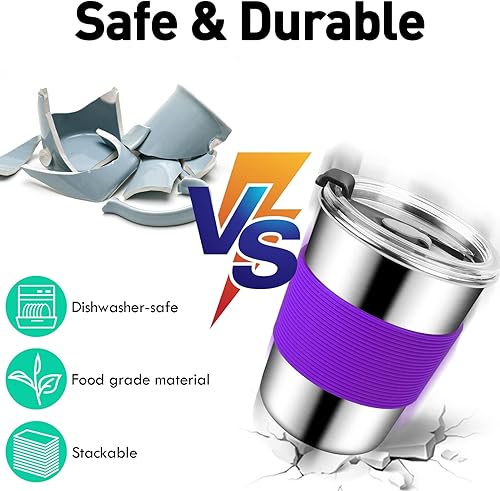 Miniatura 10 de ShineMe Vasos pequeños de 8 onzas a prueba de derrames, 5 vasos de acero inoxidable con tapas y fundas de silicona, vaso reutilizable para bebidas