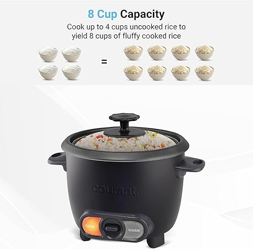 Miniatura 4 de Courant Olla arrocera de 8 tazas (cocida), recipiente antiadherente extraíble, olla arrocera de un solo toque, color negro