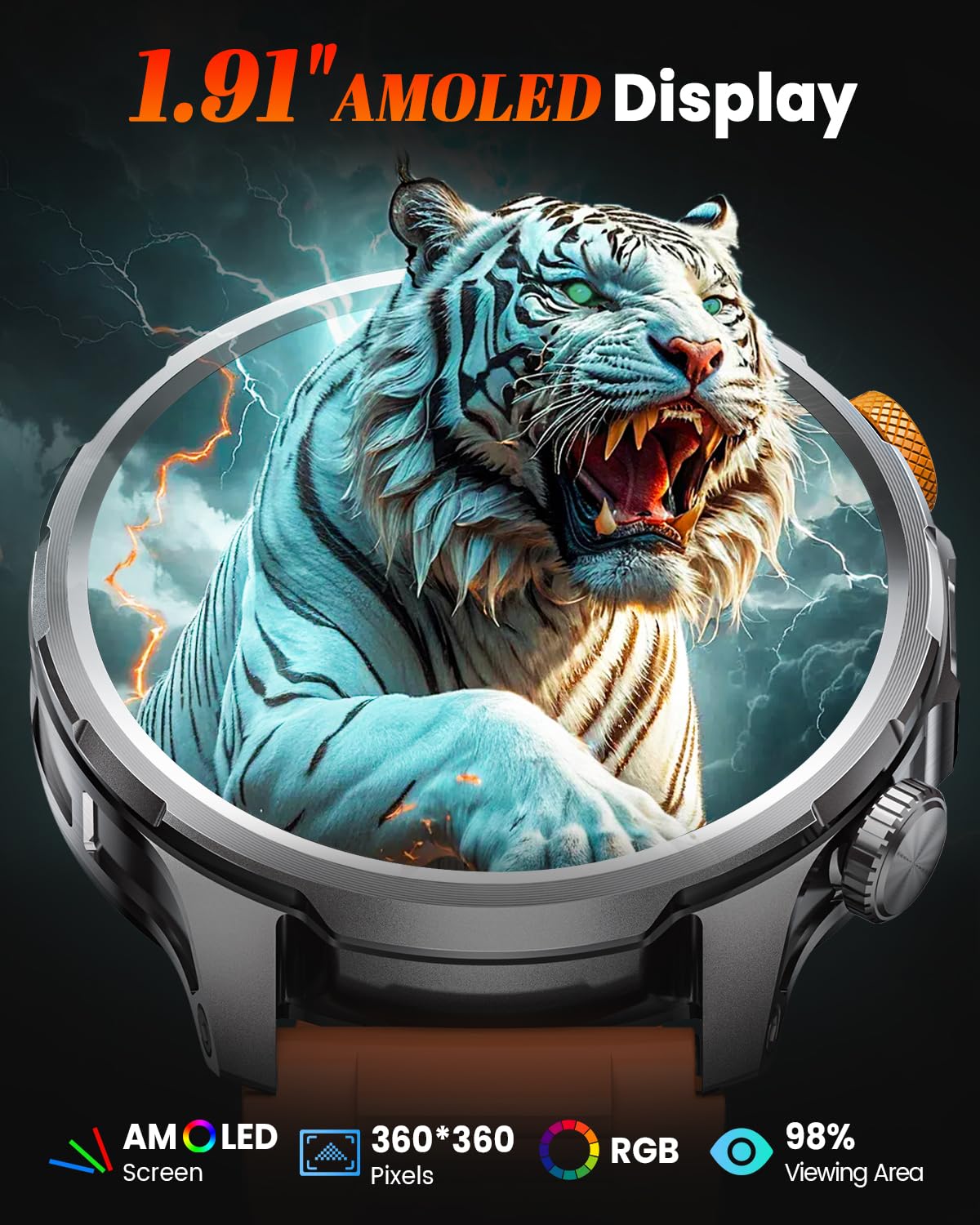 Smartwatch Uomo Militare con 1000mAh/Torcia LED/5ATM, 1,91" AMOLED Smartwatch Fitness con Chiamate/110+ Modalità Sportive/24H Cardiofrequenzimetro/SpO2/Sonno/Notifiche Messaggi Android iOS Arancione