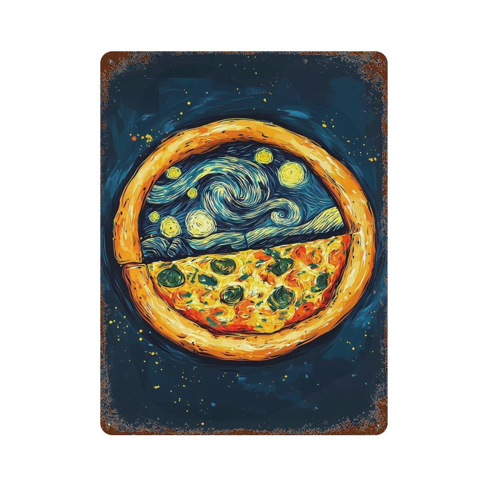 Pizza Starry Night Art Vintage Rust Metal Sign 15.7"x11.8", Retro Wall Decor for Garage, Pub Or Kitchen