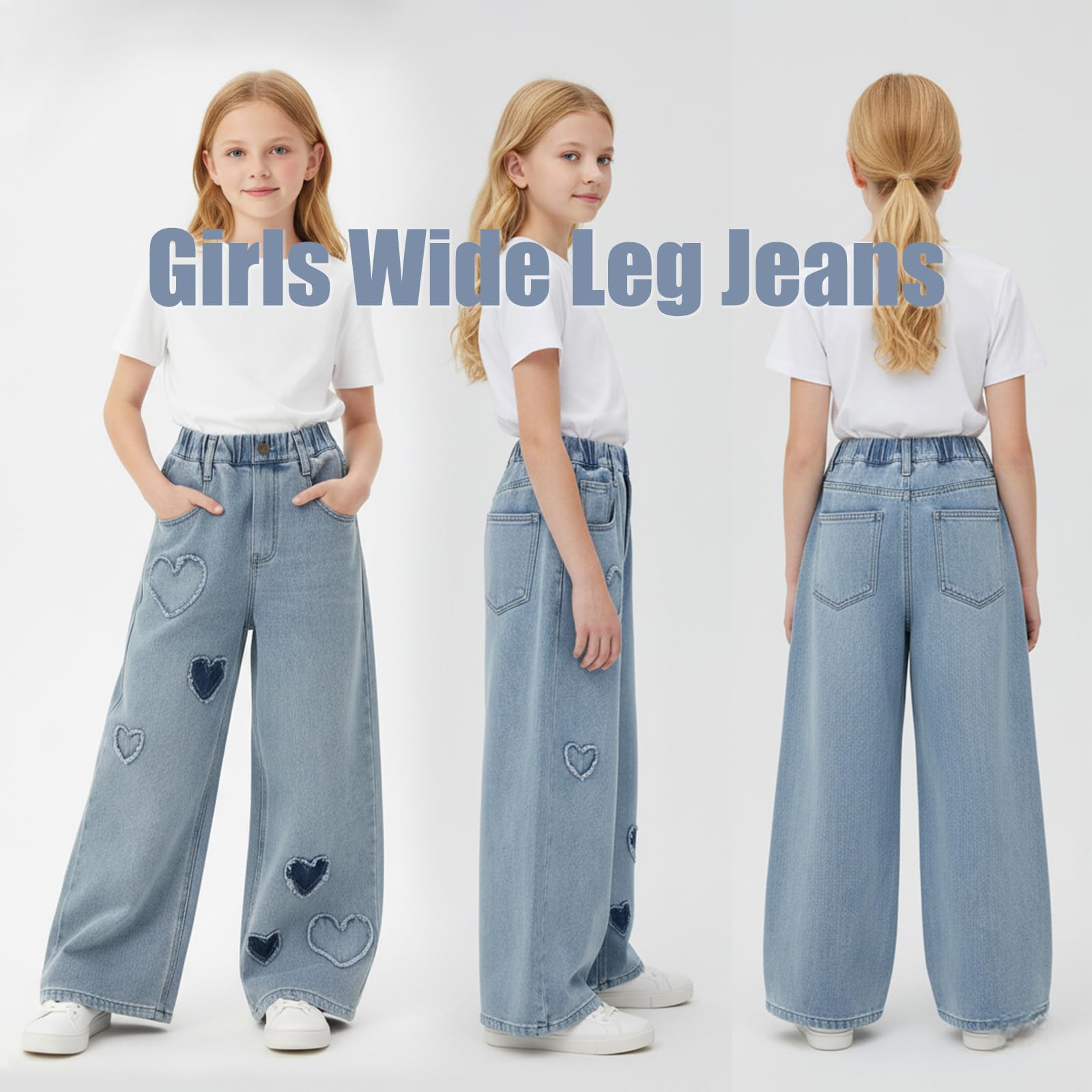 Jeans larghi a gamba larga da ragazza, pantaloni elasticizzati in denim a vita alta, casual, pantaloni hip hop a forma di cuore sciolto per bambini dai 6 ai 15 anni