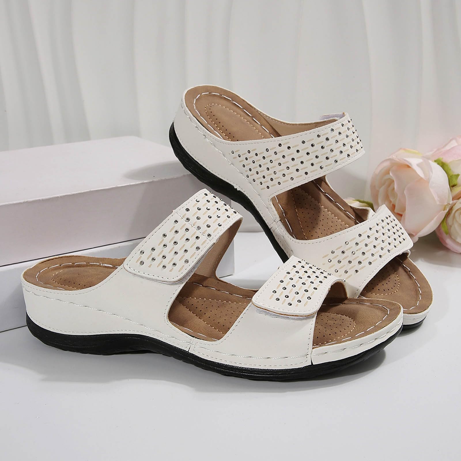 Generisch Mules orthopédiques pour femme - Chaussons d'été pour femme - Pieds larges - Sandales de bain légères - Sandales d'été avec semelle large - Sandales en cuir
